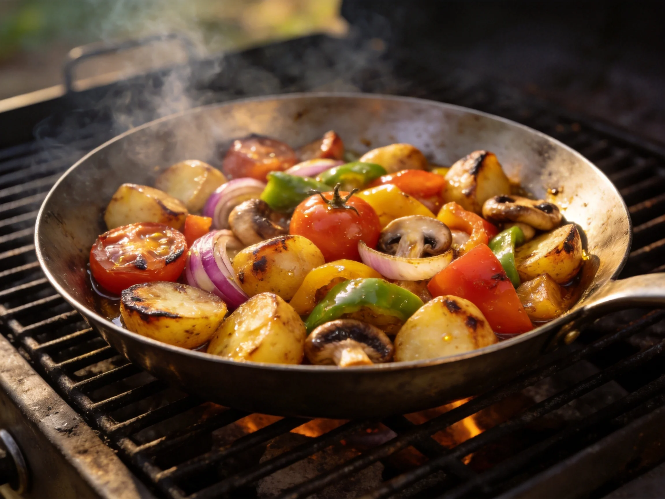 Grilled vegetable medley with potatoes, peppers, tomatoes, and mushrooms