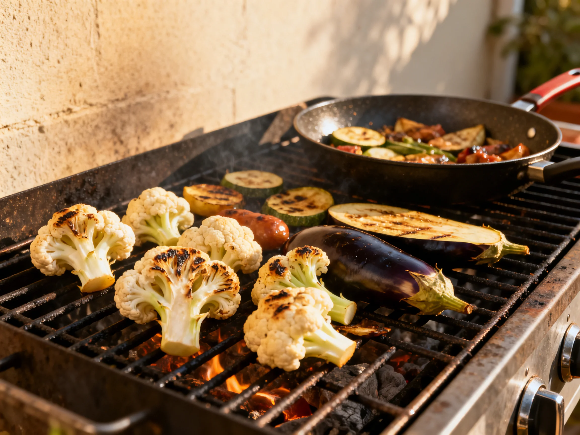Grilled vegetables including cauliflower, eggplant, and zucchini on a charcoal grill