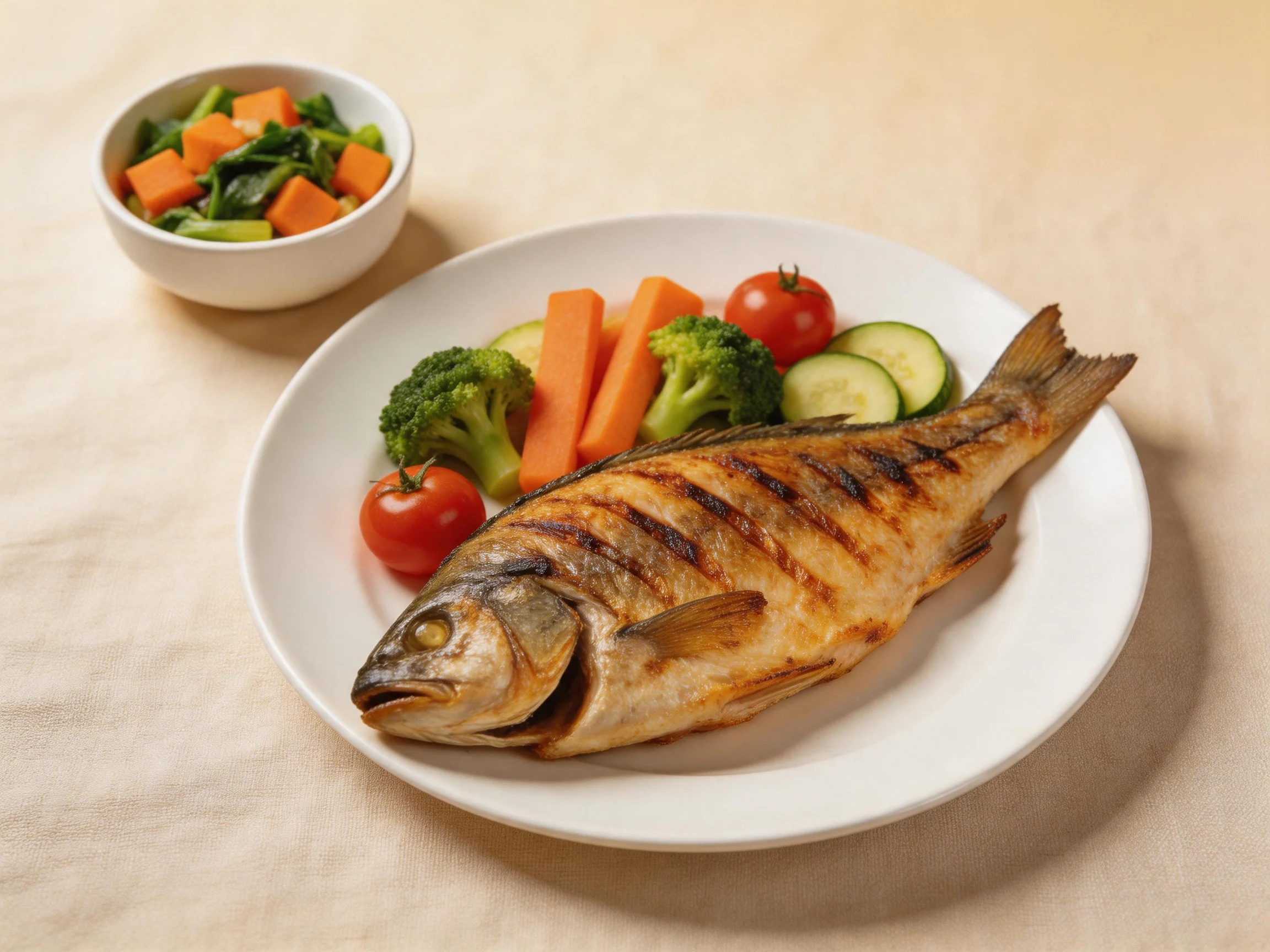 Grilled whole fish served with assorted fresh vegetables