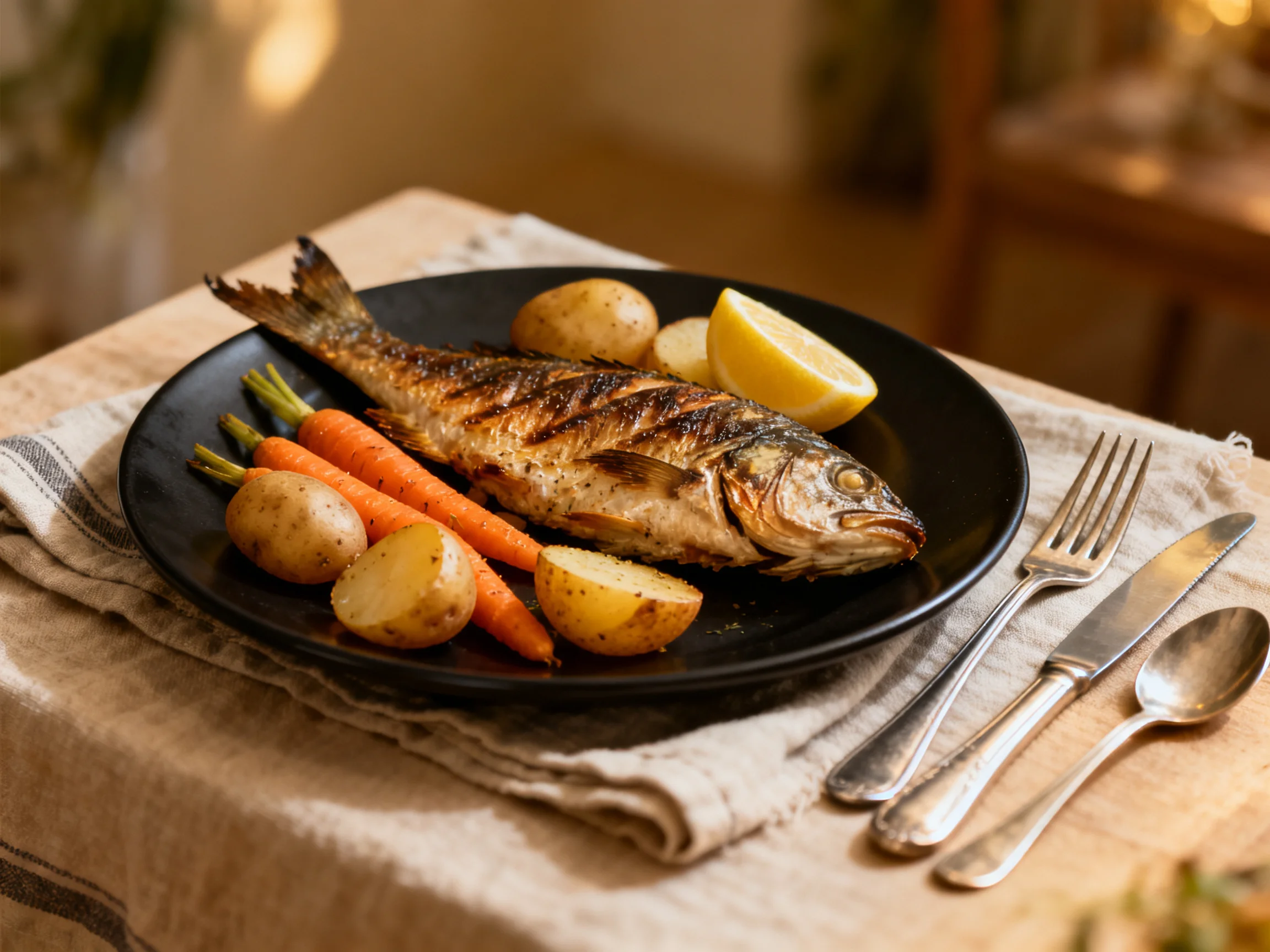 Grilled whole fish served with roasted vegetables on black plate