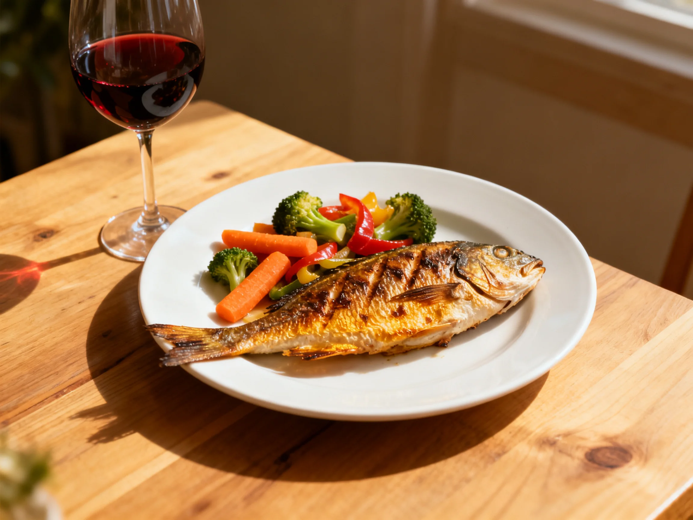 Grilled whole fish with mixed vegetables and red wine on a wooden table
