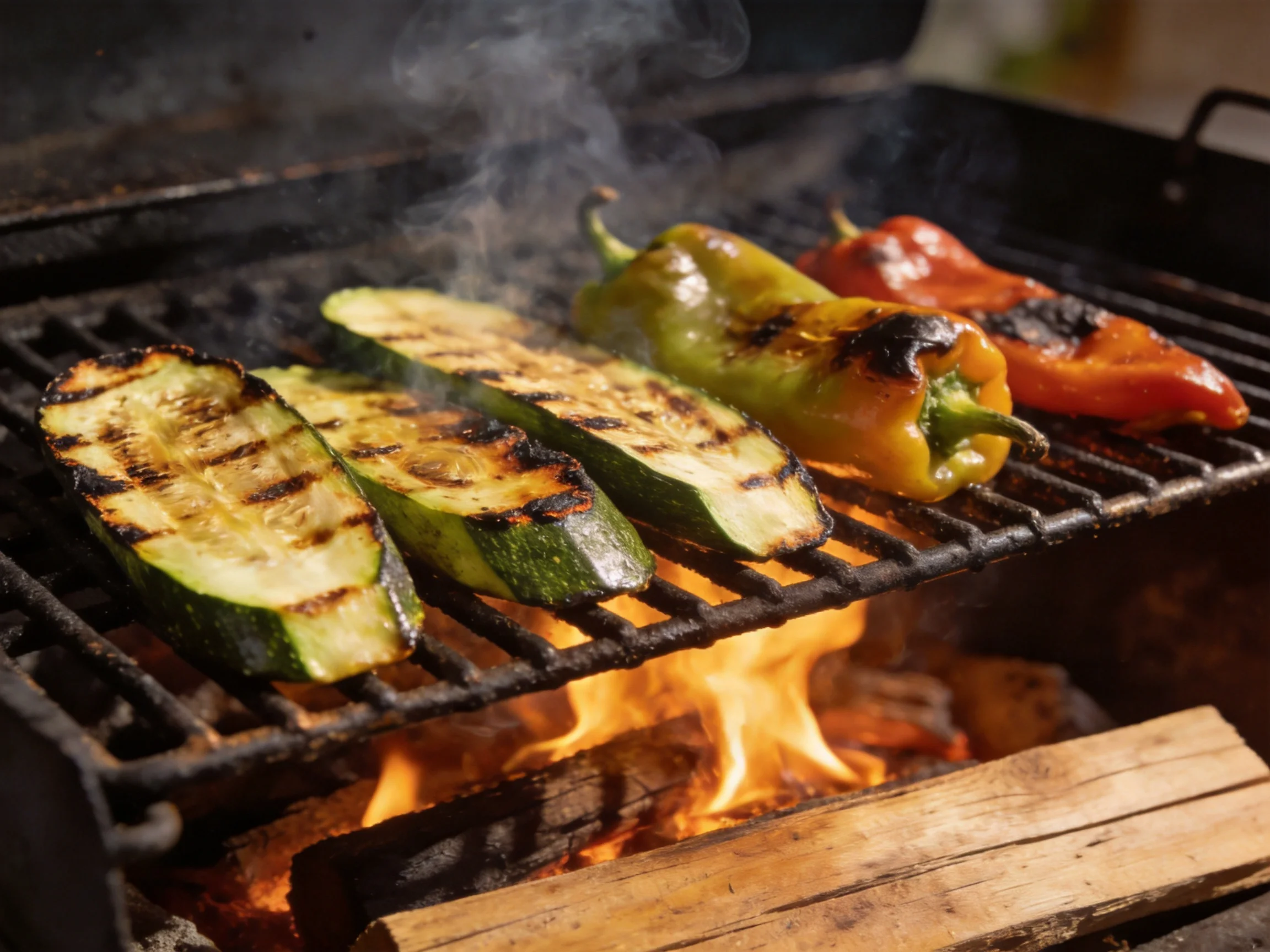 Grilled zucchinis and bell peppers sizzling over open flames