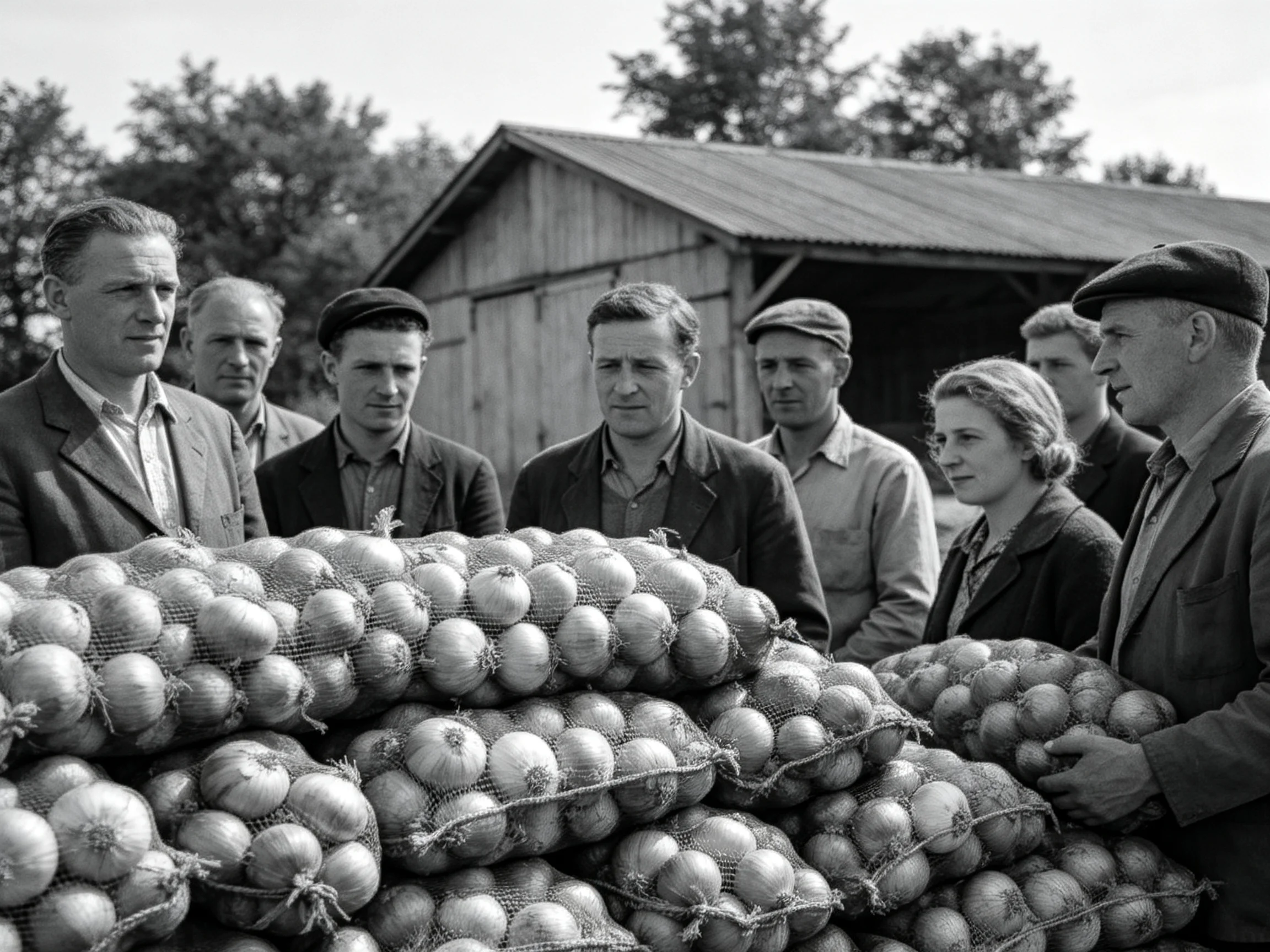 Group examining substantial stacks of round vegetables near rustic wooden barn