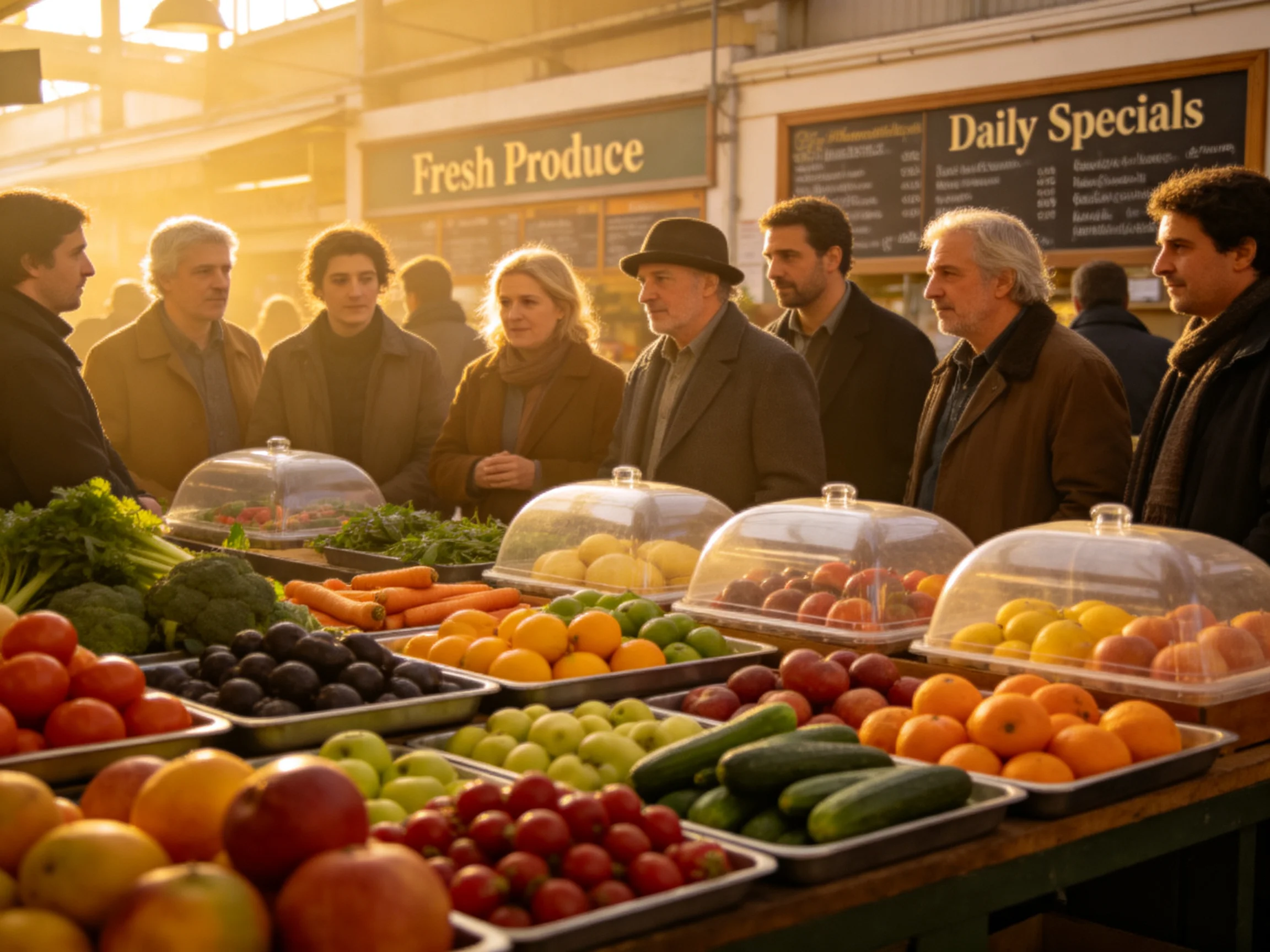 Group shopping at a vibrant outdoor farmers market with colorful fresh produce displays