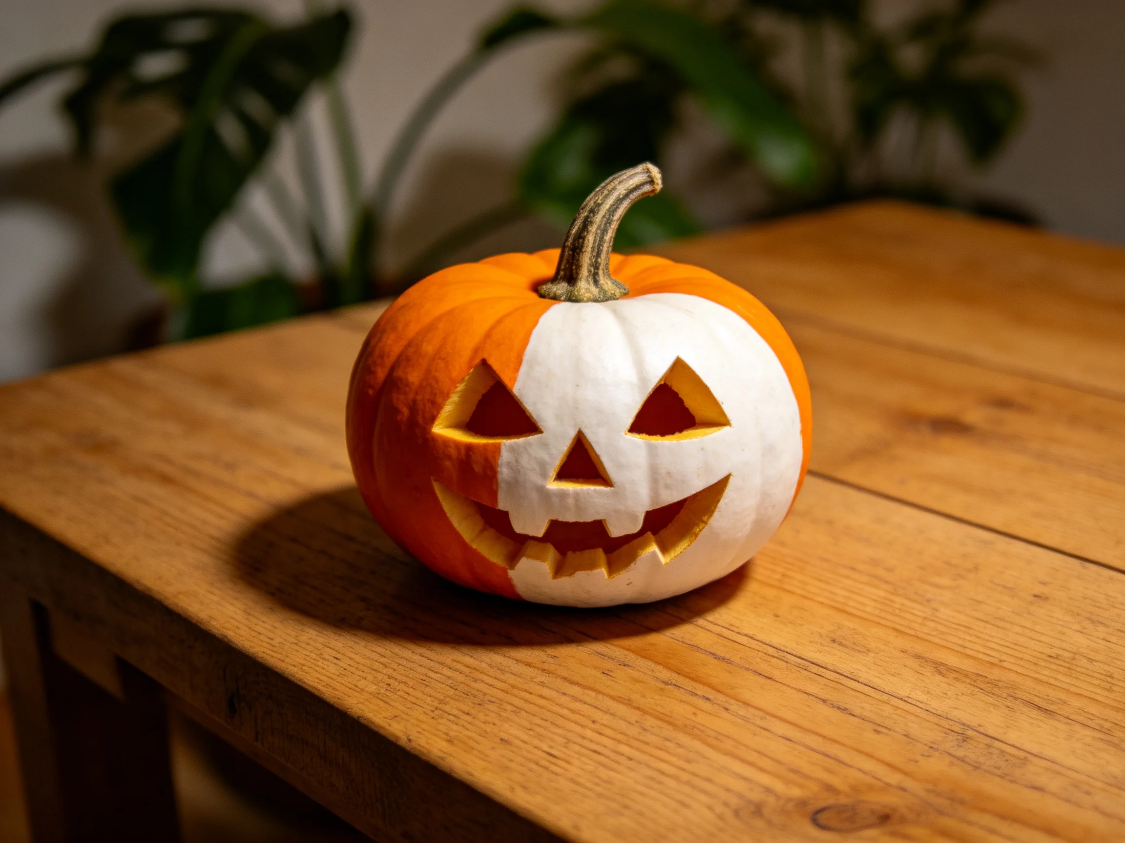 Half-orange, half-white carved pumpkin on wooden table