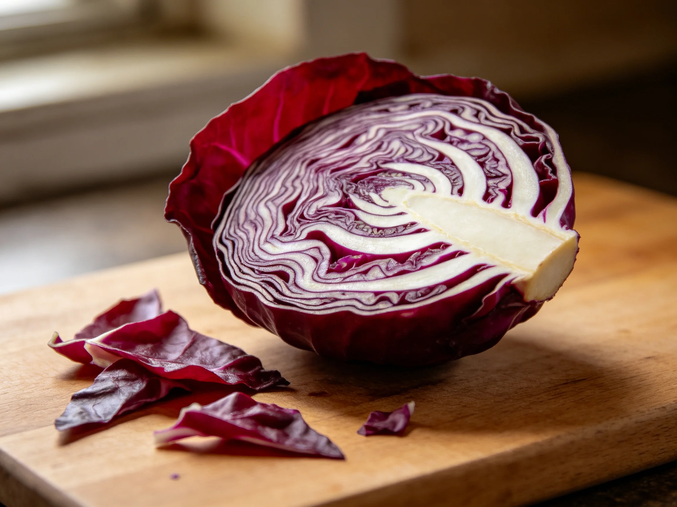 A halved red cabbage with sliced leaves is displayed on a wooden cutting board.