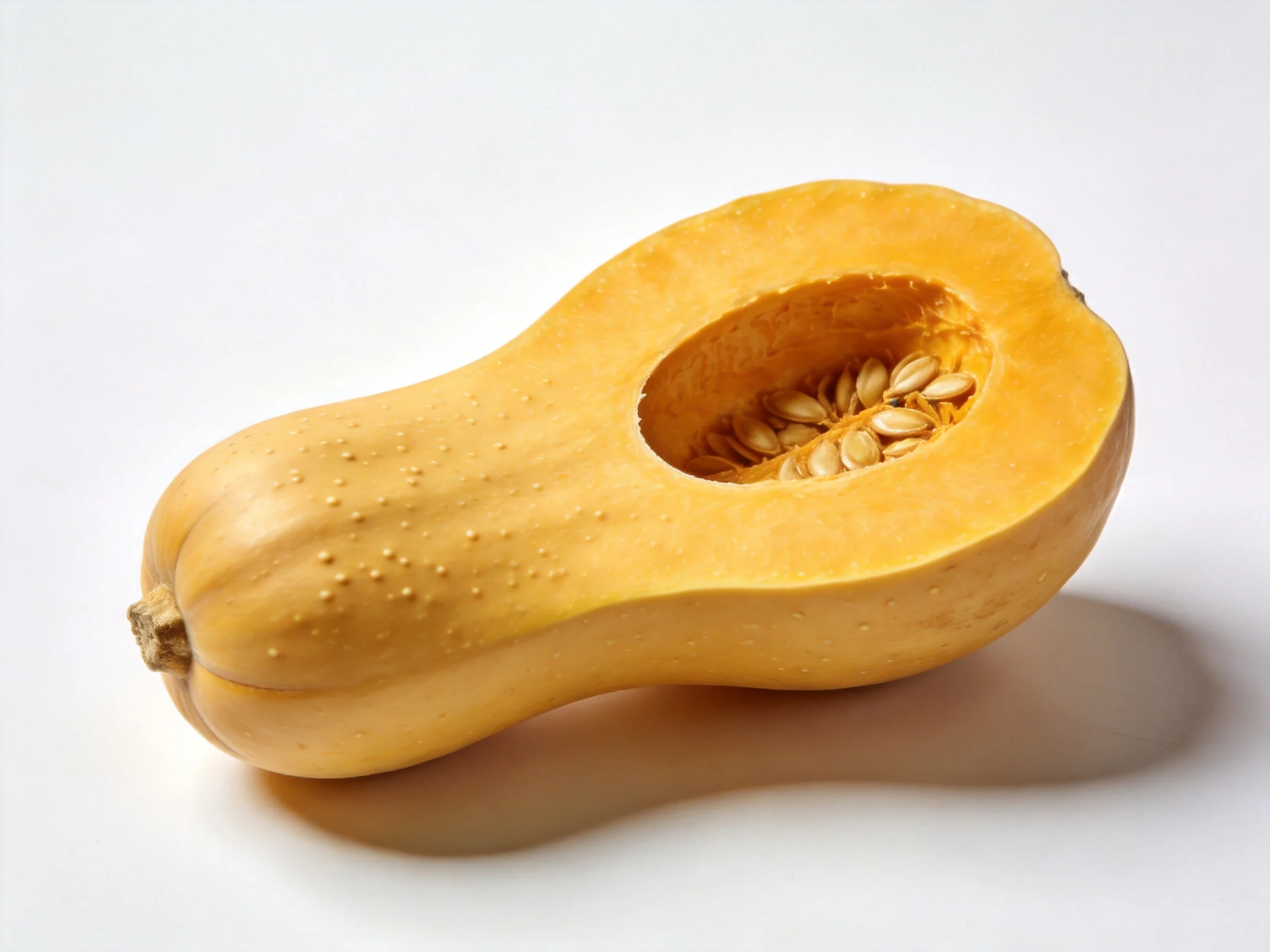 Halved golden butternut squash with seeds exposed on a white surface
