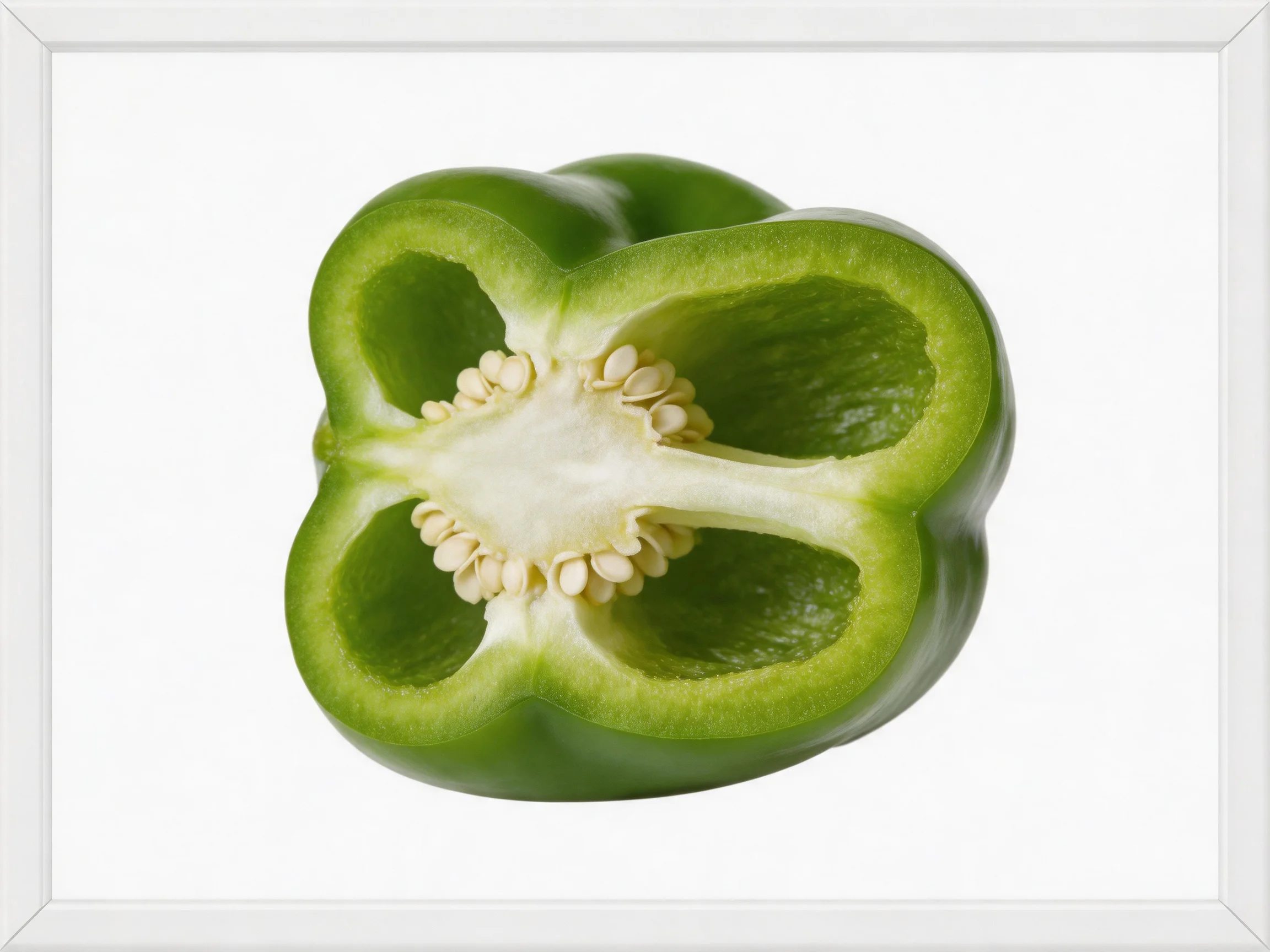 Halved green bell pepper with four chambers and seed-filled center