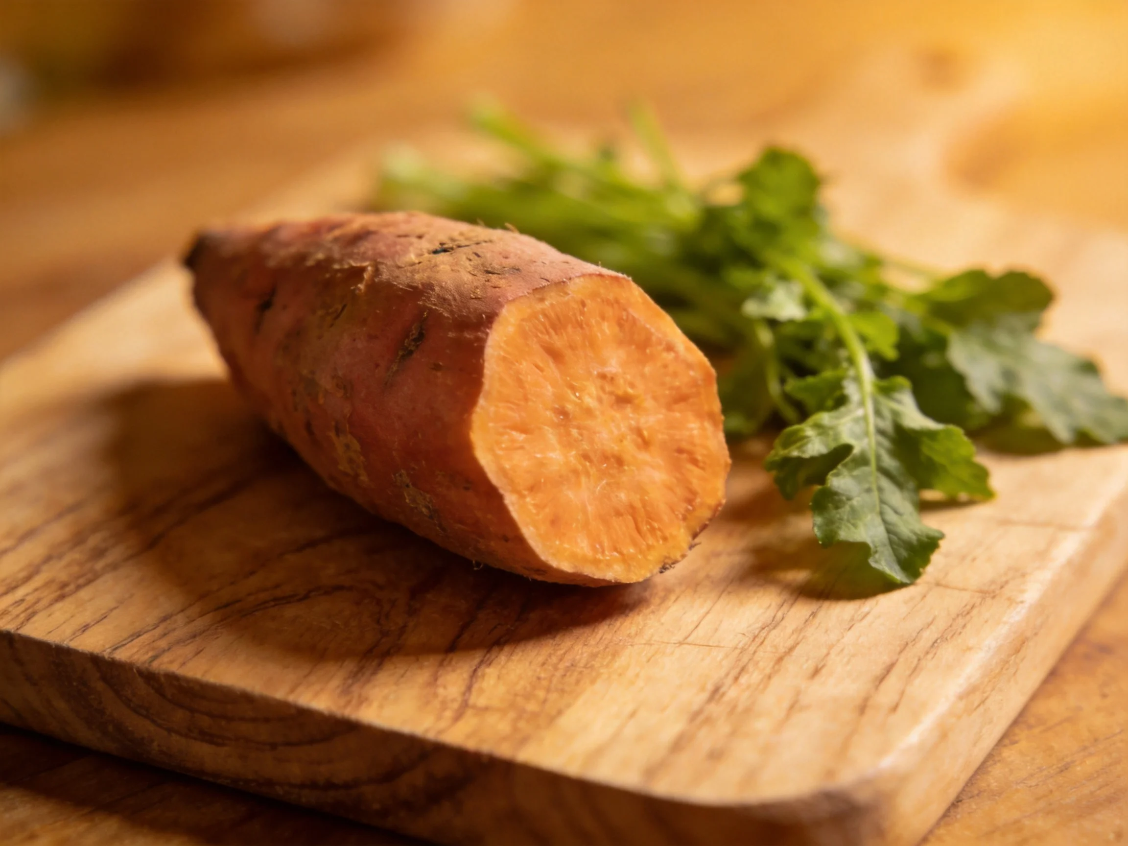 Halved orange sweet potato on wooden cutting board with fresh green herbs