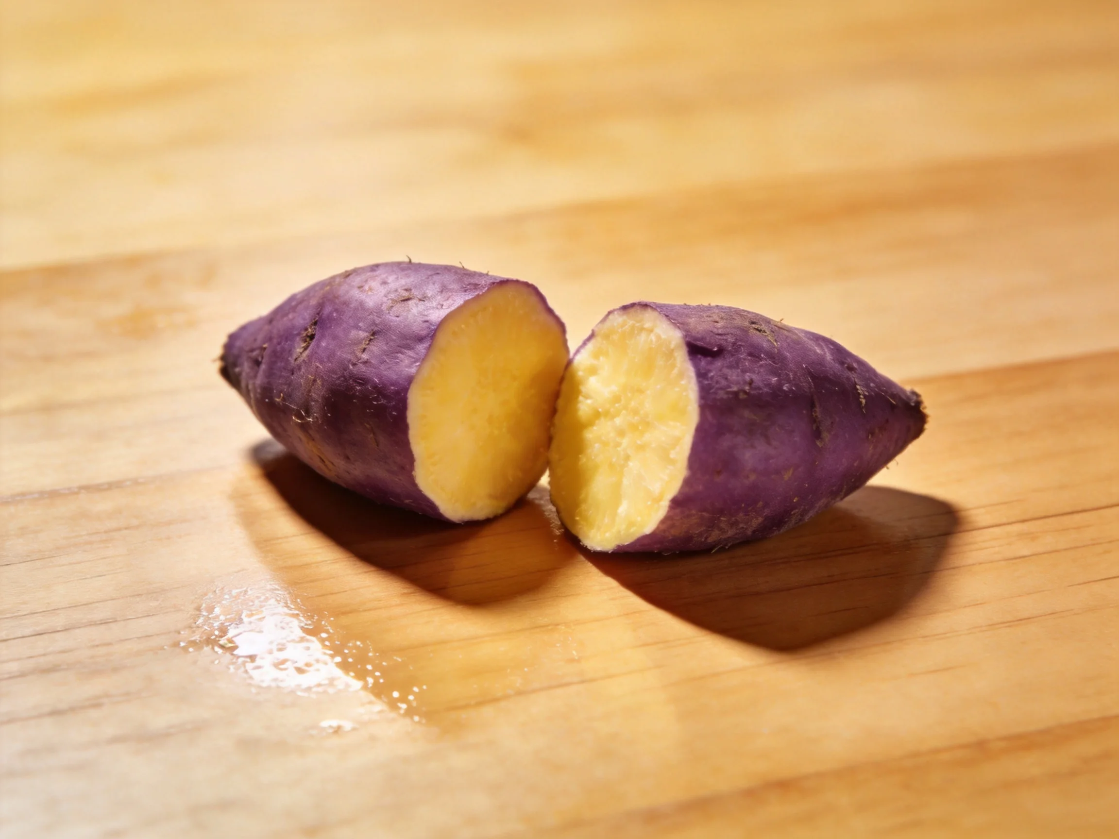 Halved purple sweet potato reveals yellow flesh on wooden surface