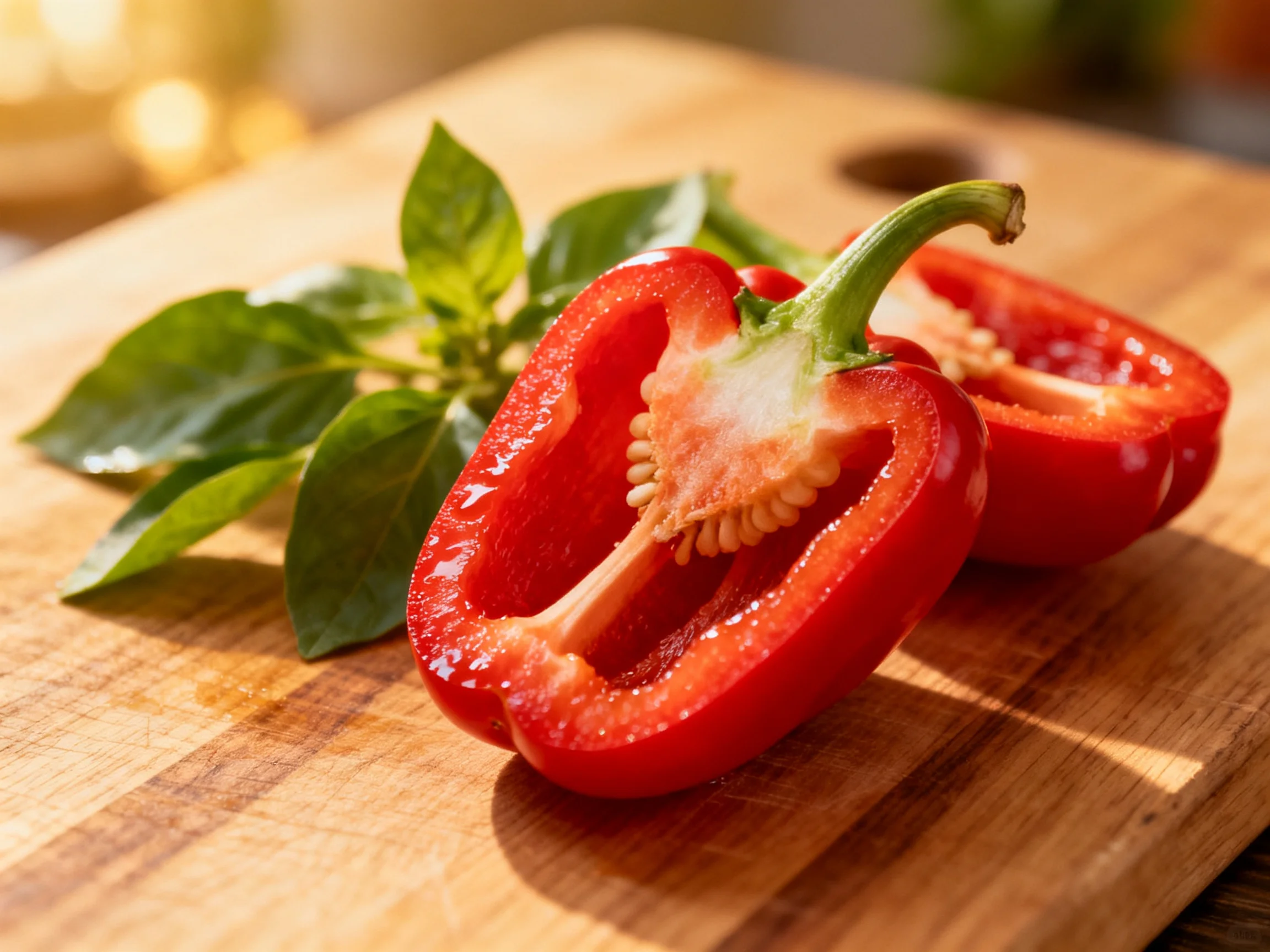 Halved red bell peppers and fresh basil on a wooden cutting board
