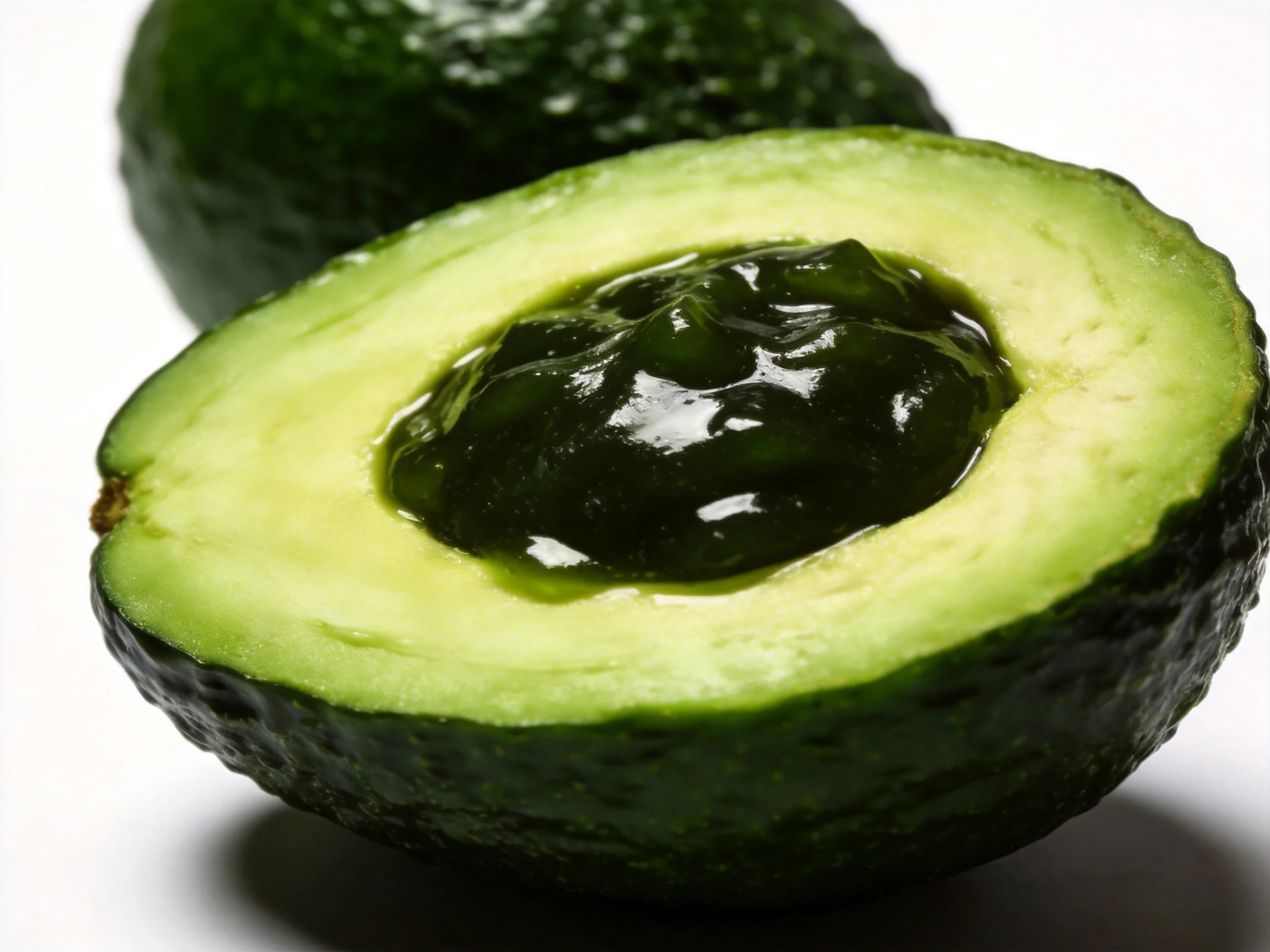 Halved ripe avocado with whole avocado in the background
