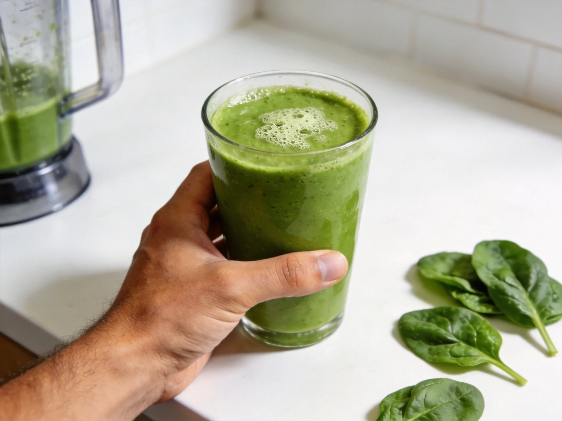 Hand holding tall glass of frothy green spinach smoothie near fresh spinach leaves