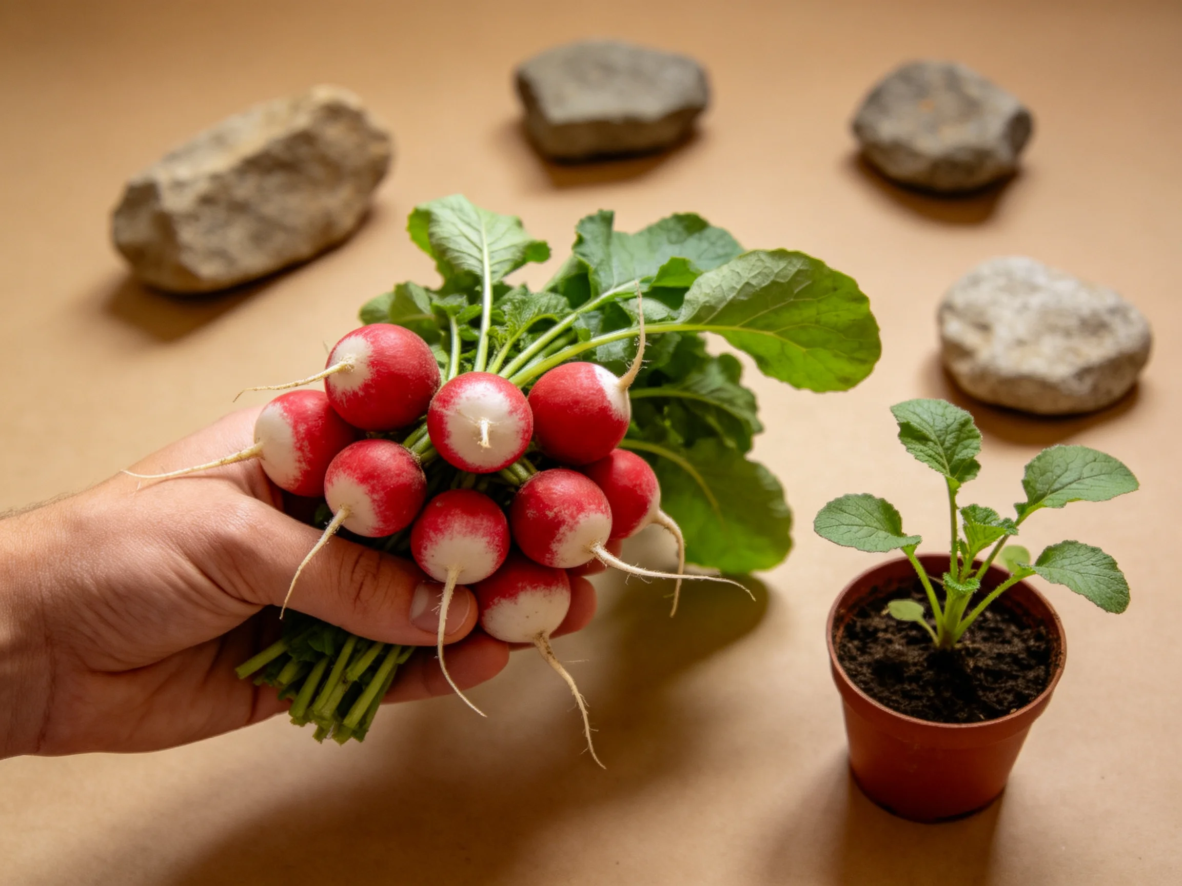 Hand holds red-and-white radish bundle near small potted plant with rocks