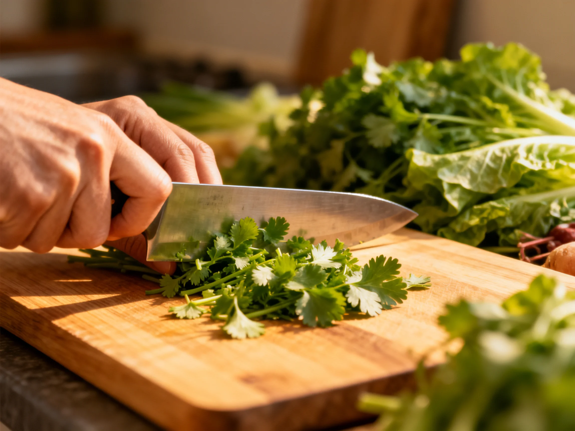 Hands chopping fresh green herbs with a sharp knife on a wooden cutting board