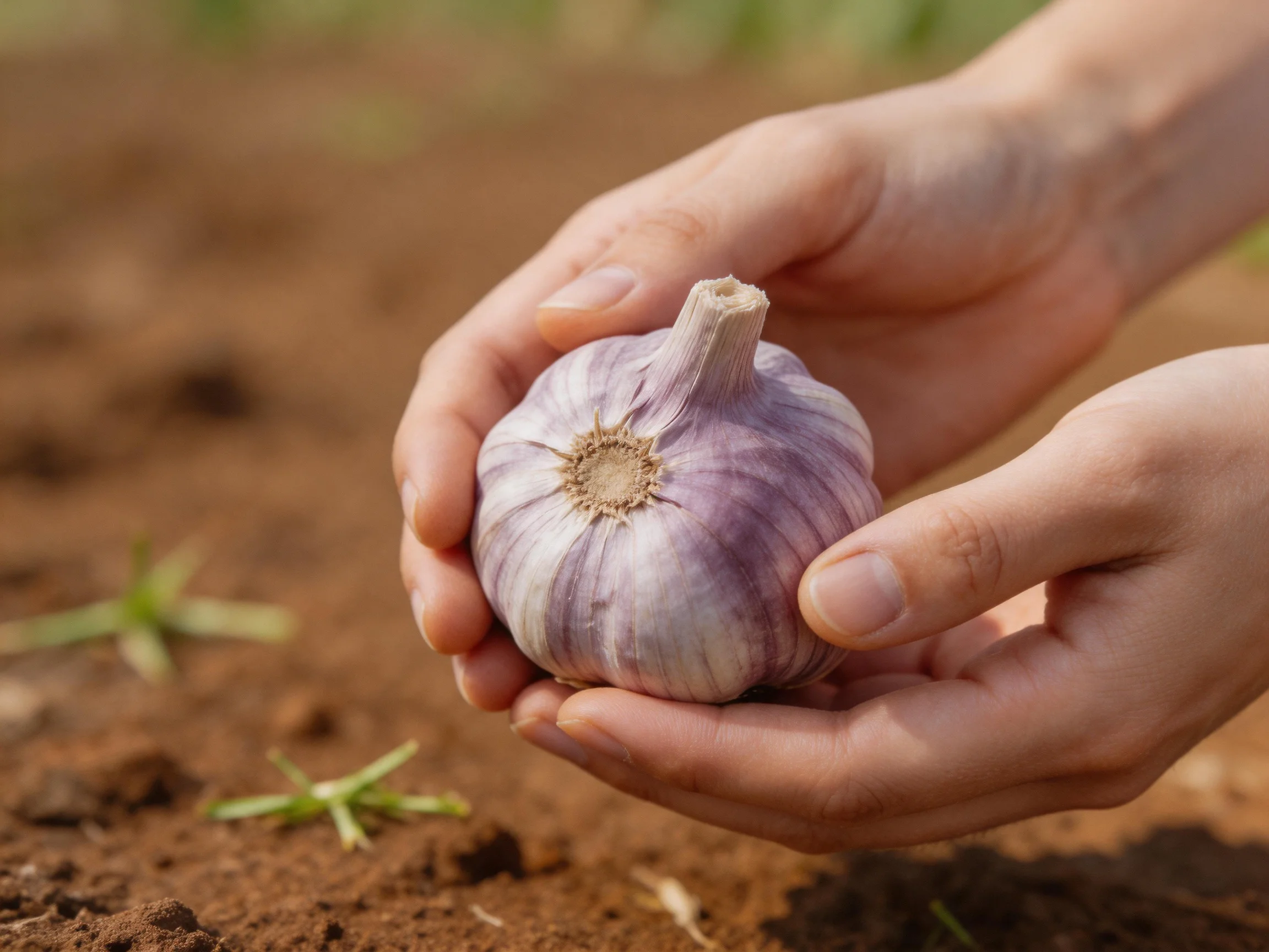 Hands cradling a purple-striped garlic bulb over reddish-brown soil