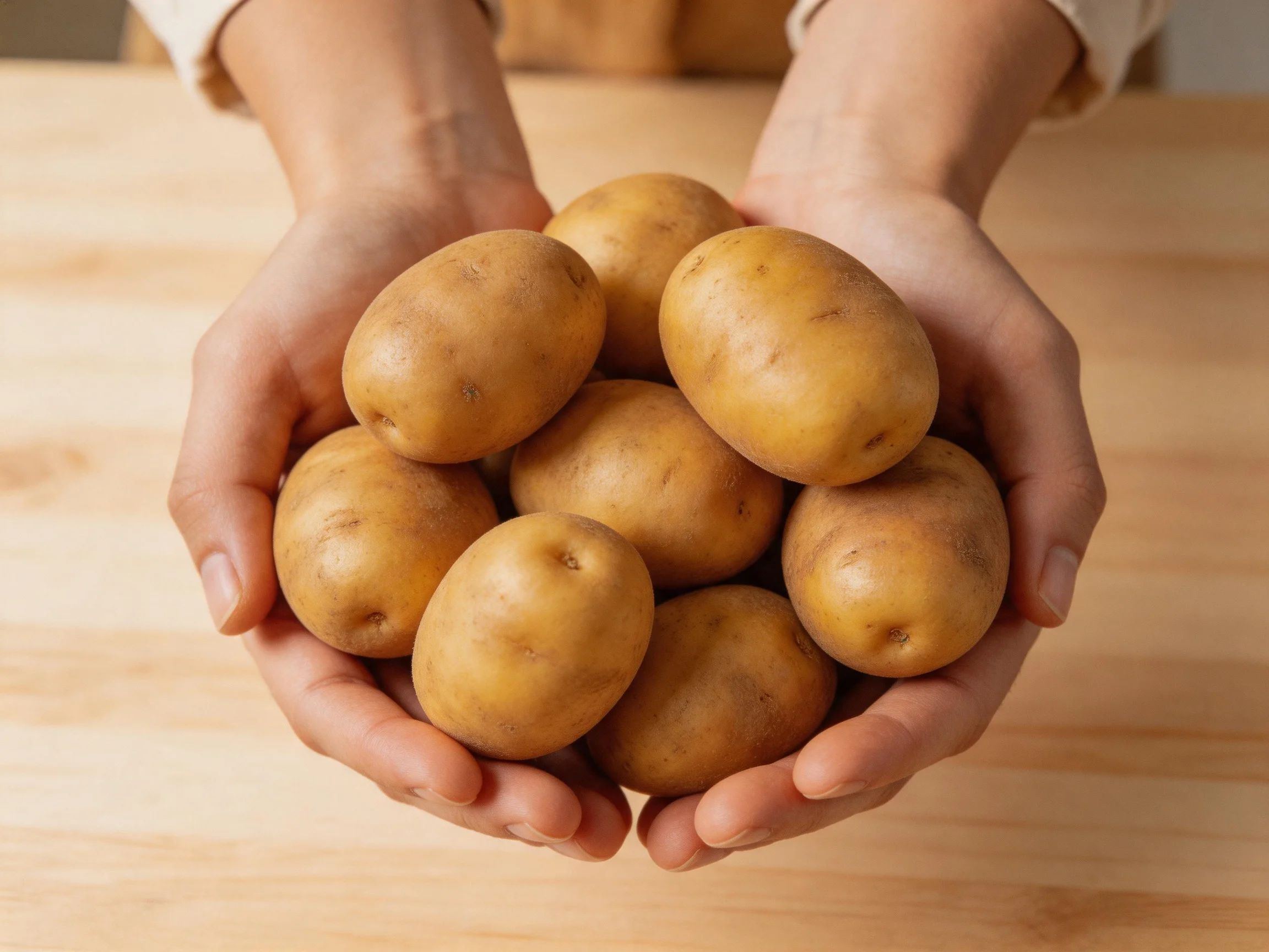 Hands cradling several brown potatoes over a wooden table