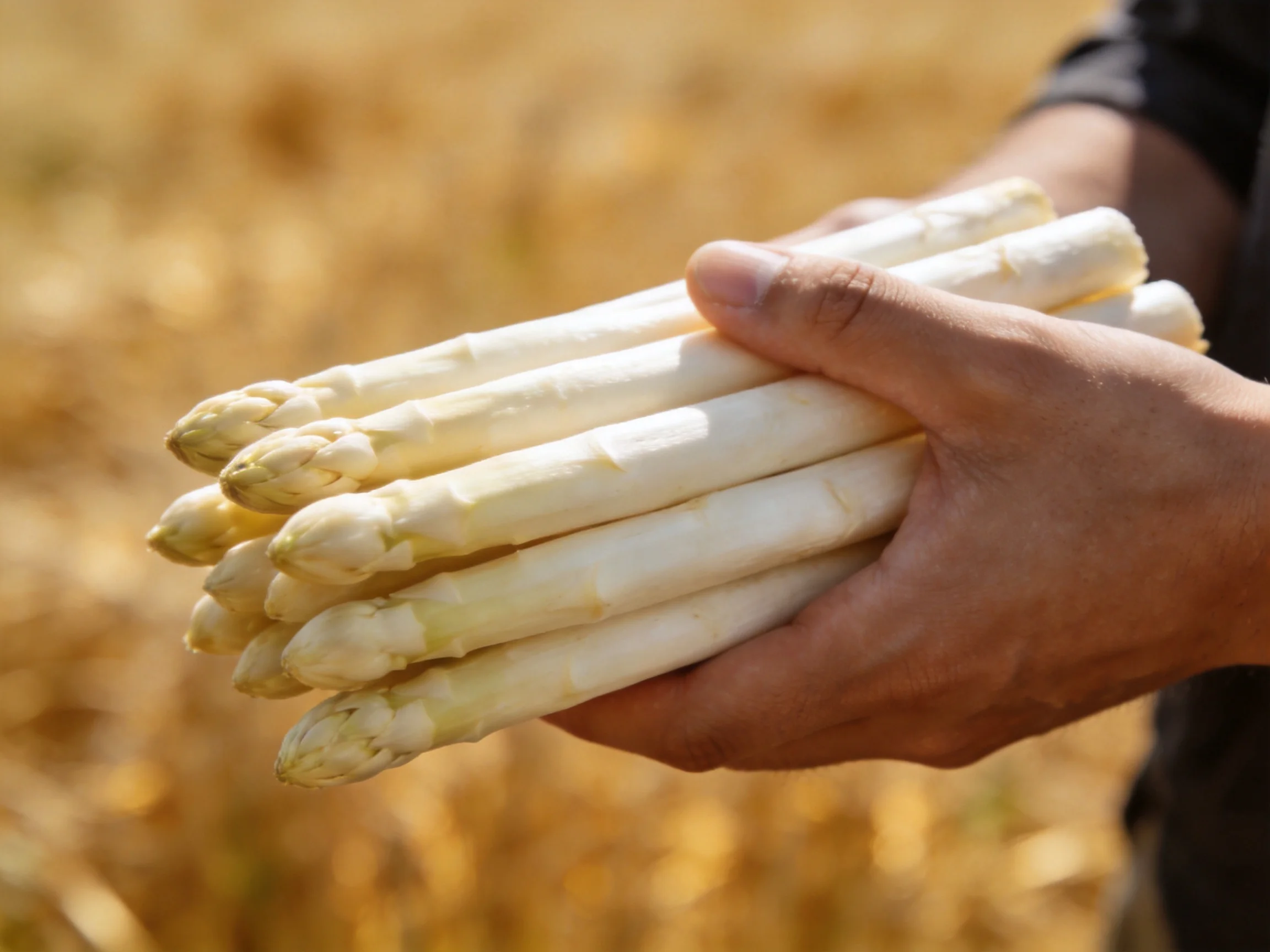 Hands holding a bundle of fresh white asparagus in a golden field