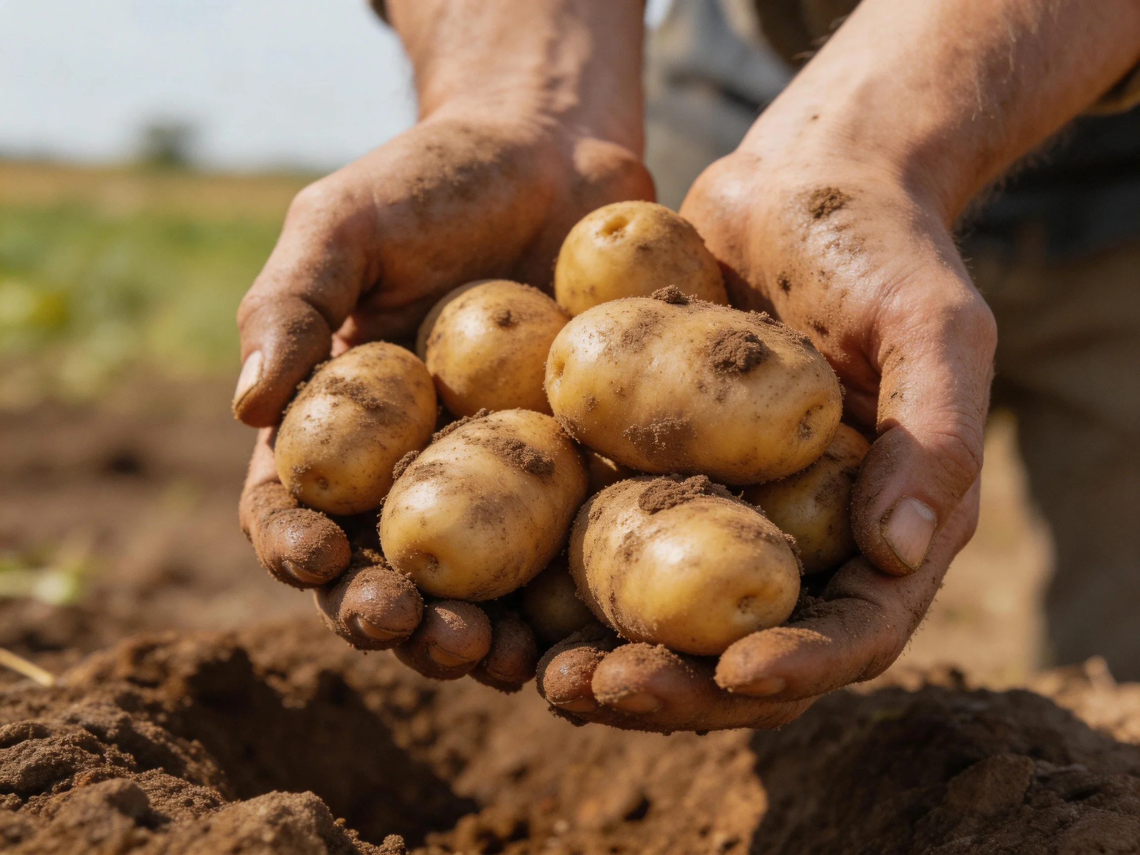 Hands holding freshly harvested, dirt-covered potatoes in an agricultural field