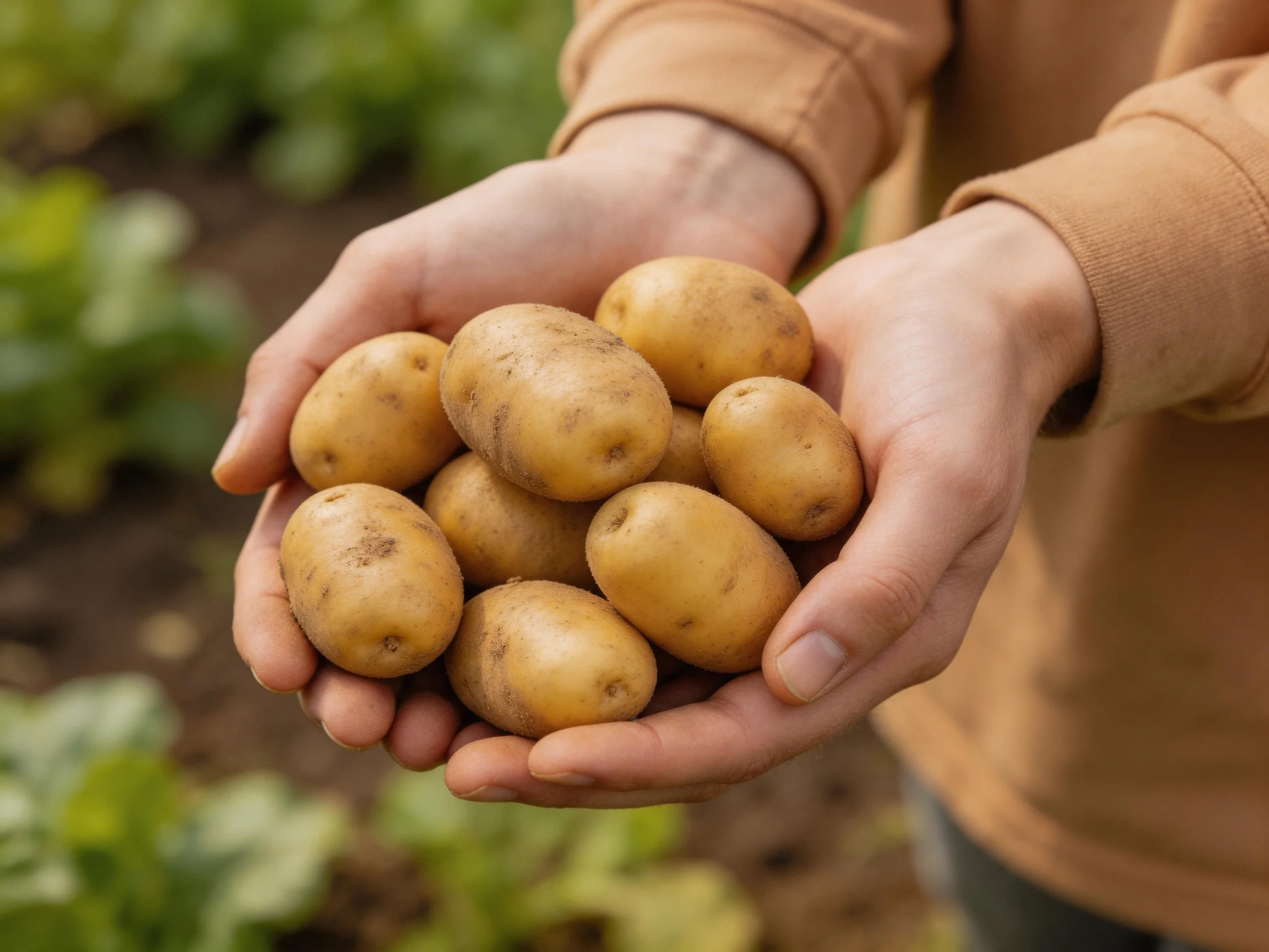 Hands holding small golden-brown potatoes near green foliage
