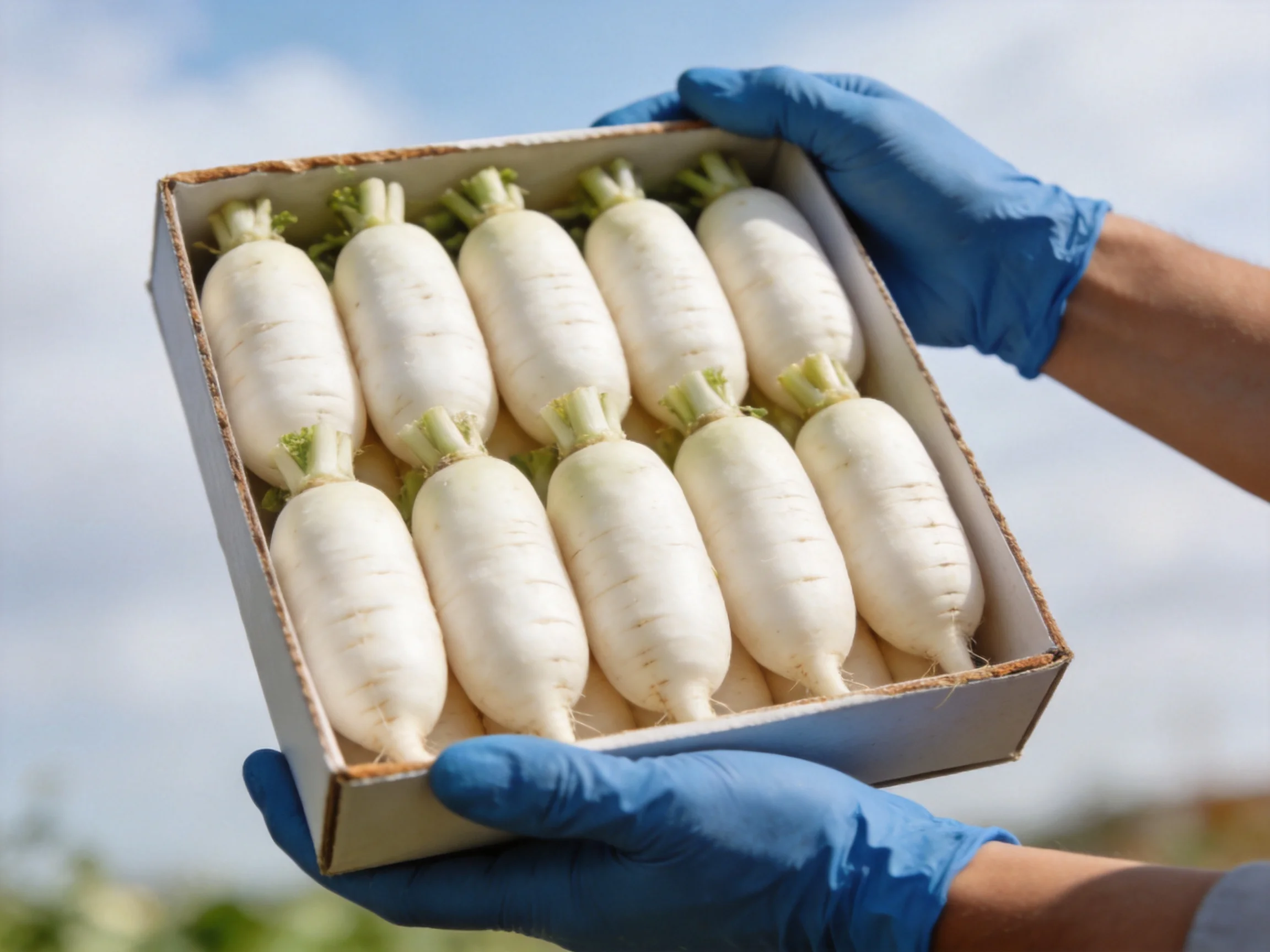 Hands in blue gloves holding a box of ten white radishes outdoors