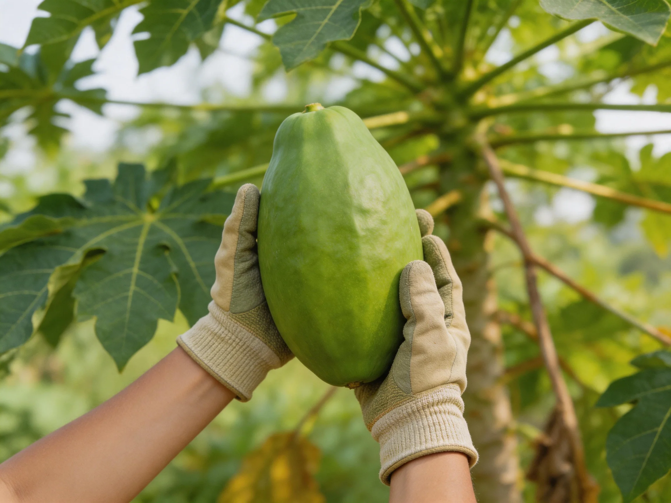 Hands in gloves holding a large green tropical fruit among broad leaves