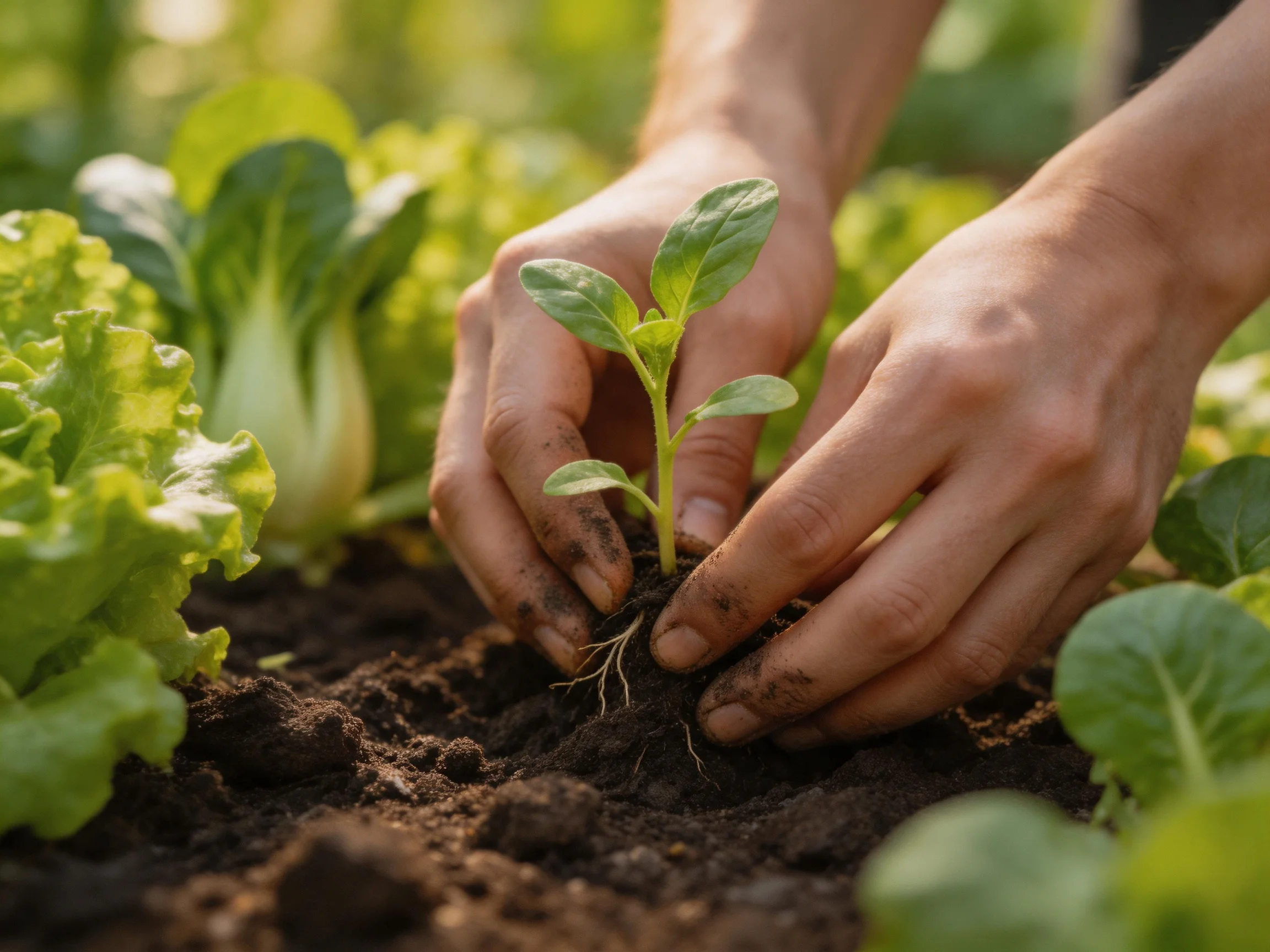 Hands planting a smallgreen seedling in a garden bed with leafy vegetables