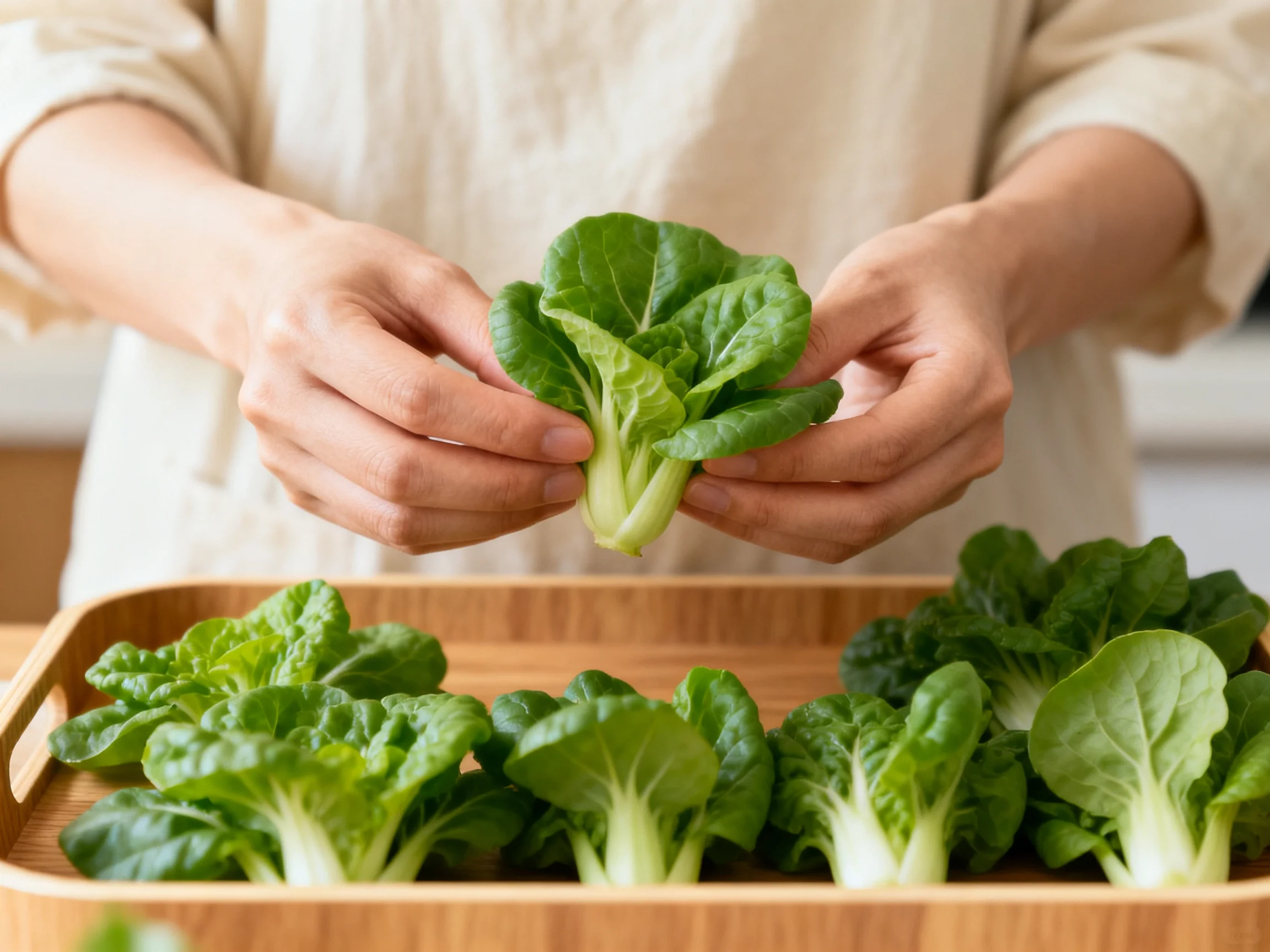 Hands preparing fresh green leafy vegetables in a wooden tray