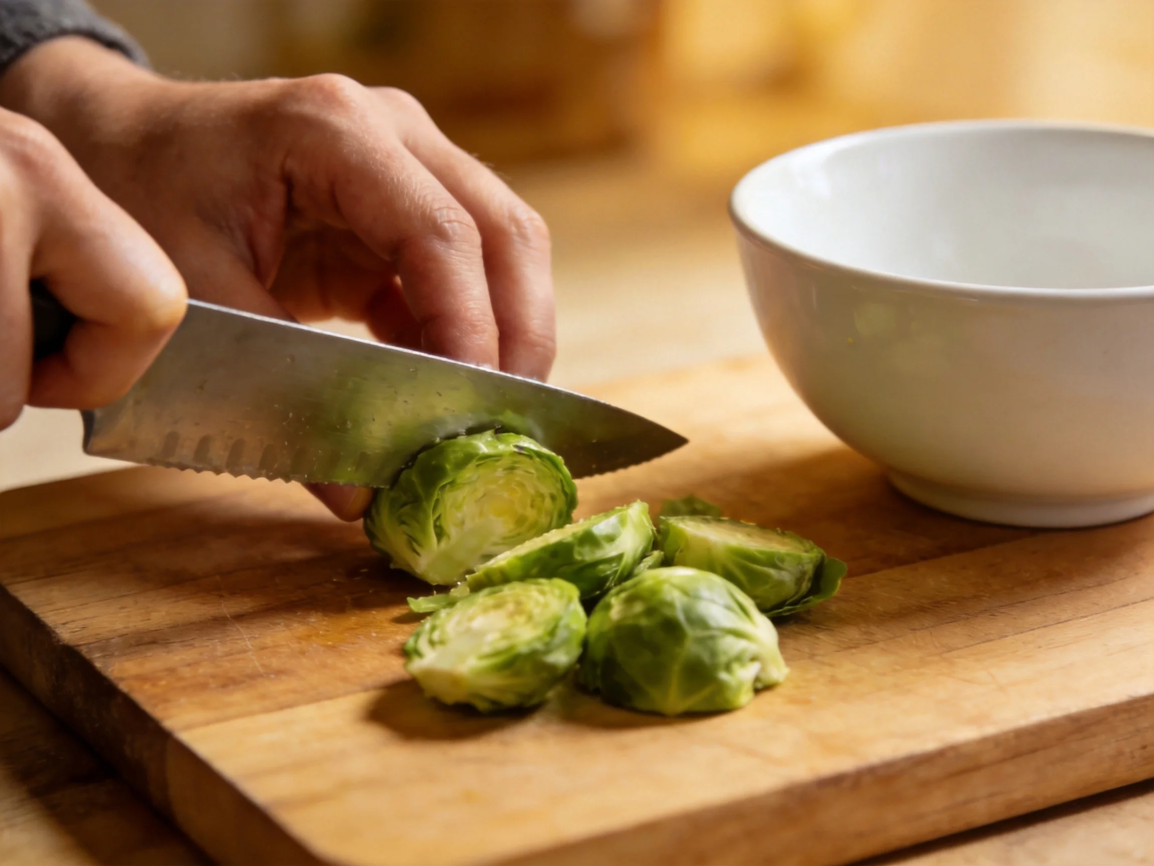 Hands slicing fresh green Brussels sprouts on a wooden cutting board beside a white bowl