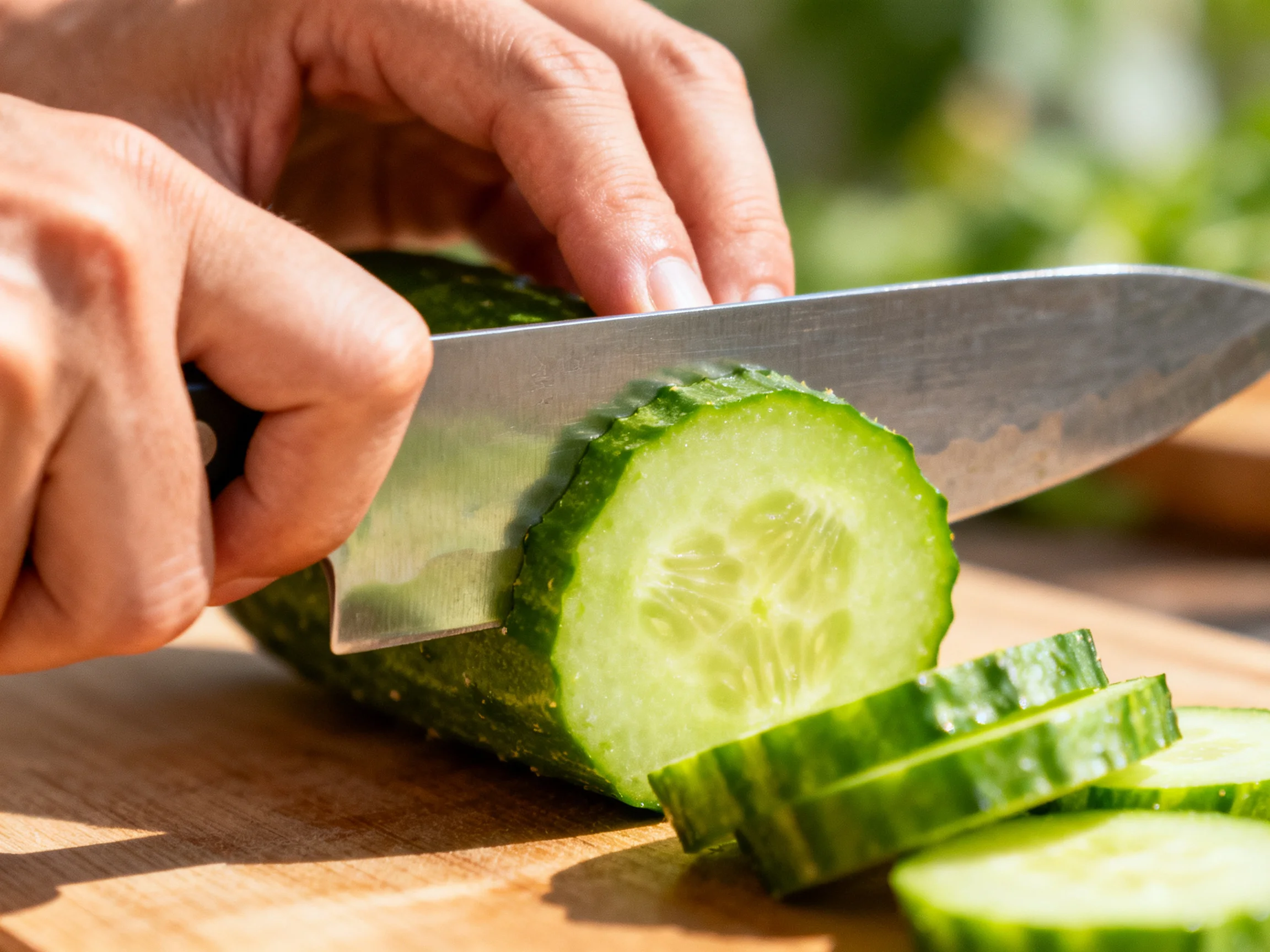 Hands slicing fresh green cucumber with stainless steel knife on wooden cutting board