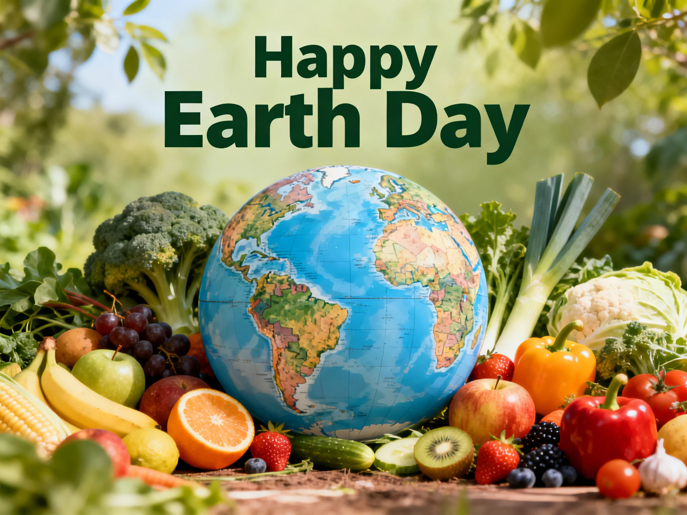 Happy Earth Day scene with globe amid fresh fruits and veggies