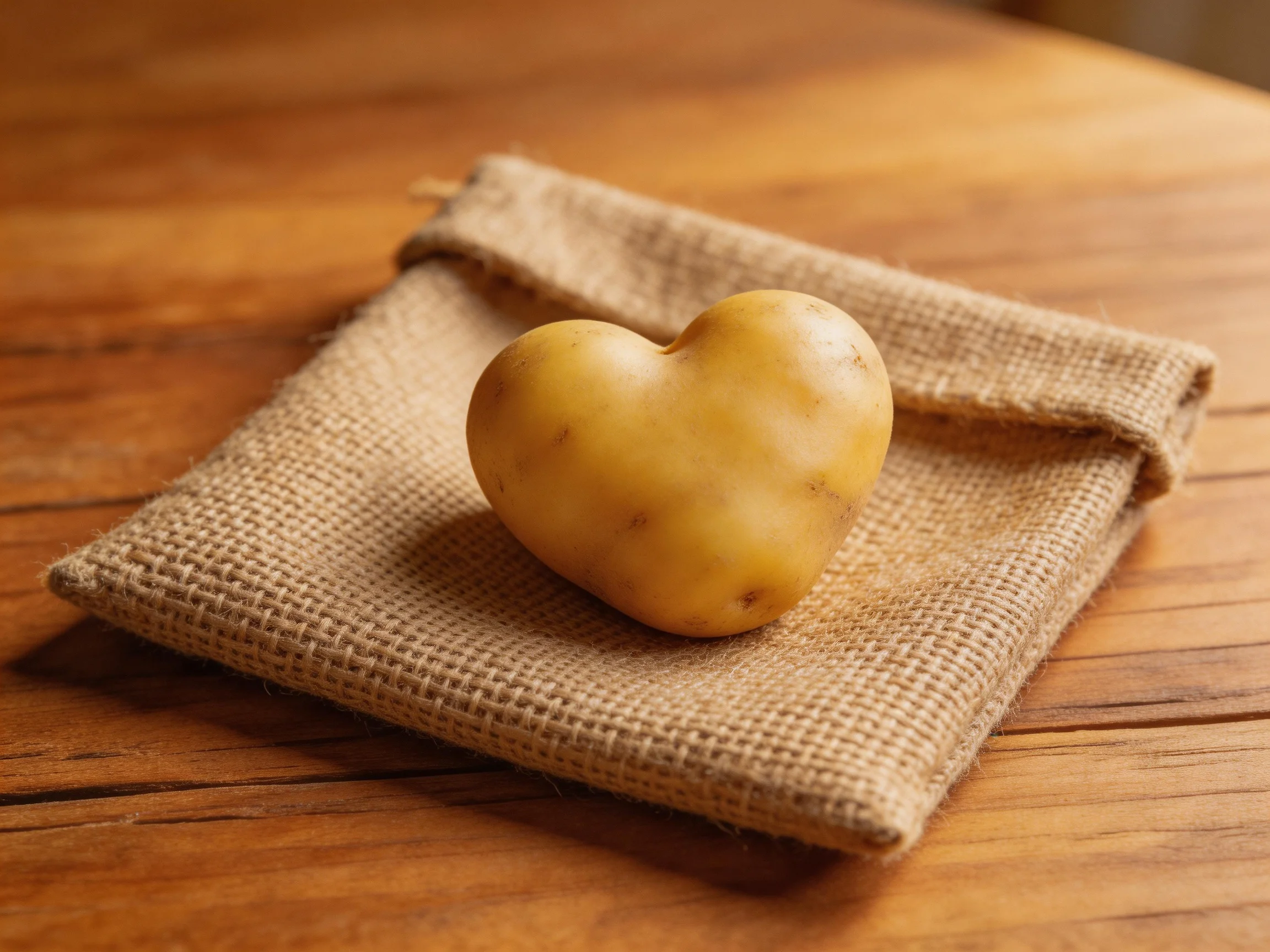 Heart - shaped golden potato on burlap sack over wooden table