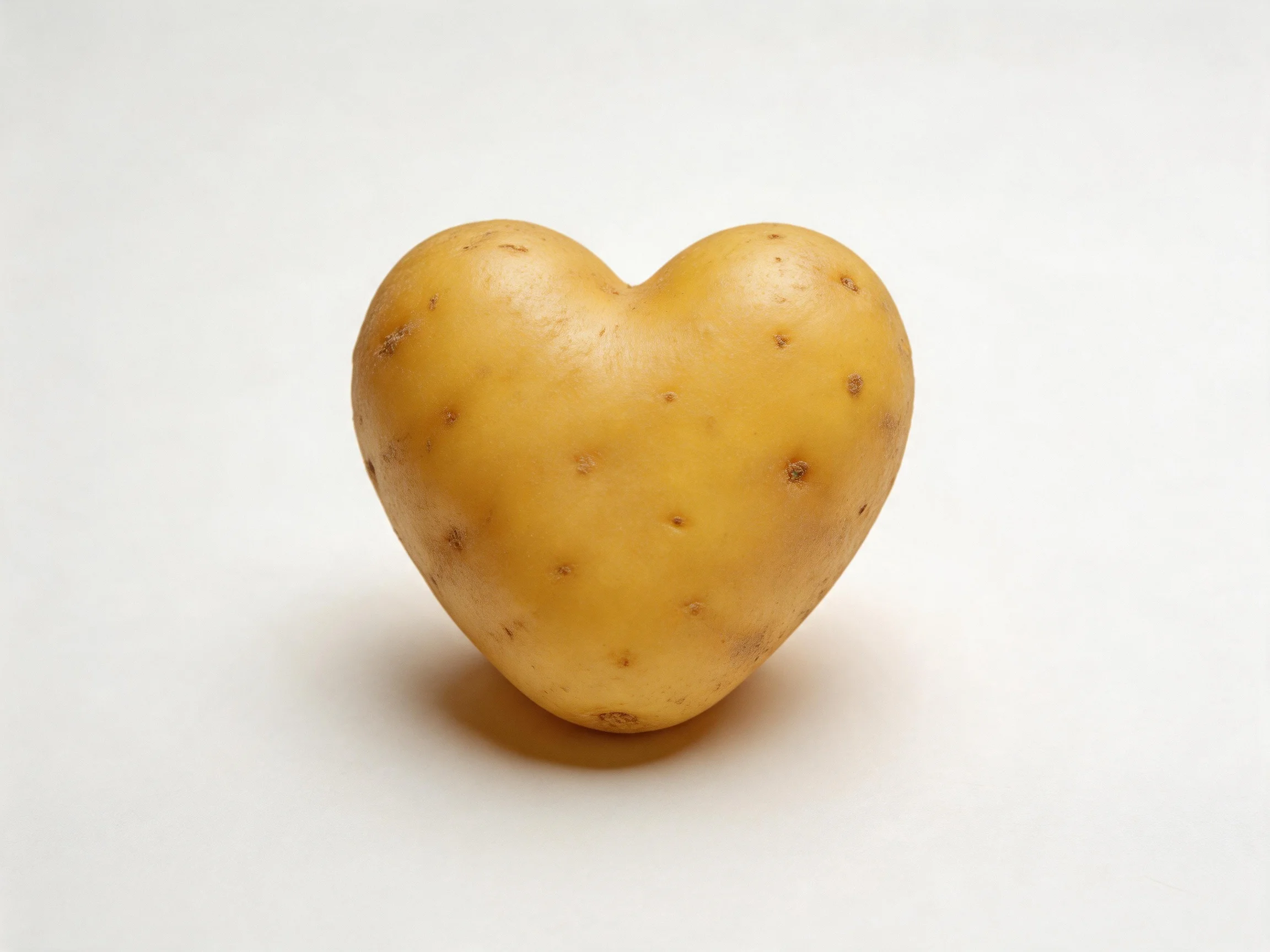 Heart - shaped golden potato with scattered blemishes on white background