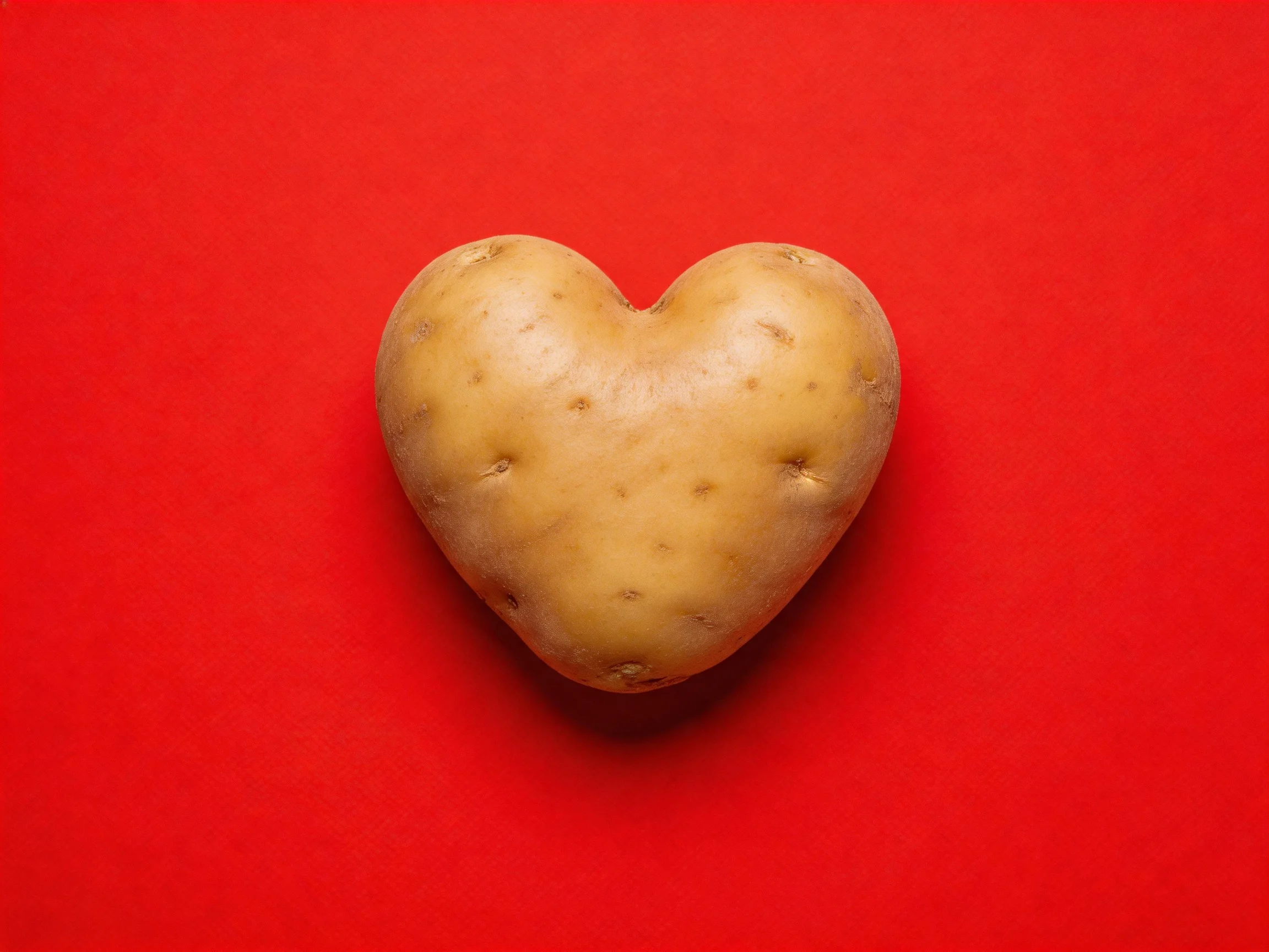 Heart - shaped potato centered on a vivid red background