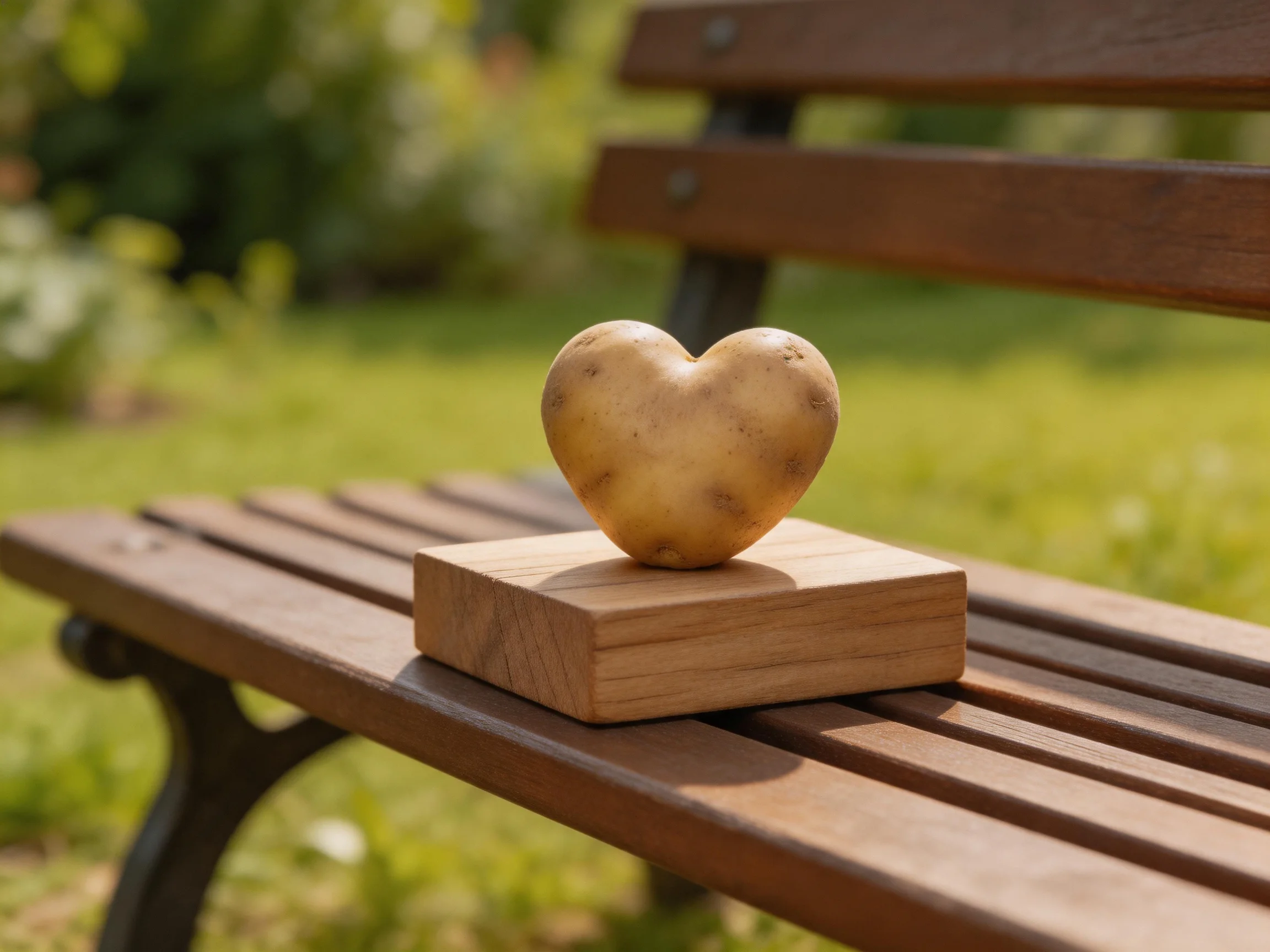 Heart - shaped potato on wooden block atop park bench