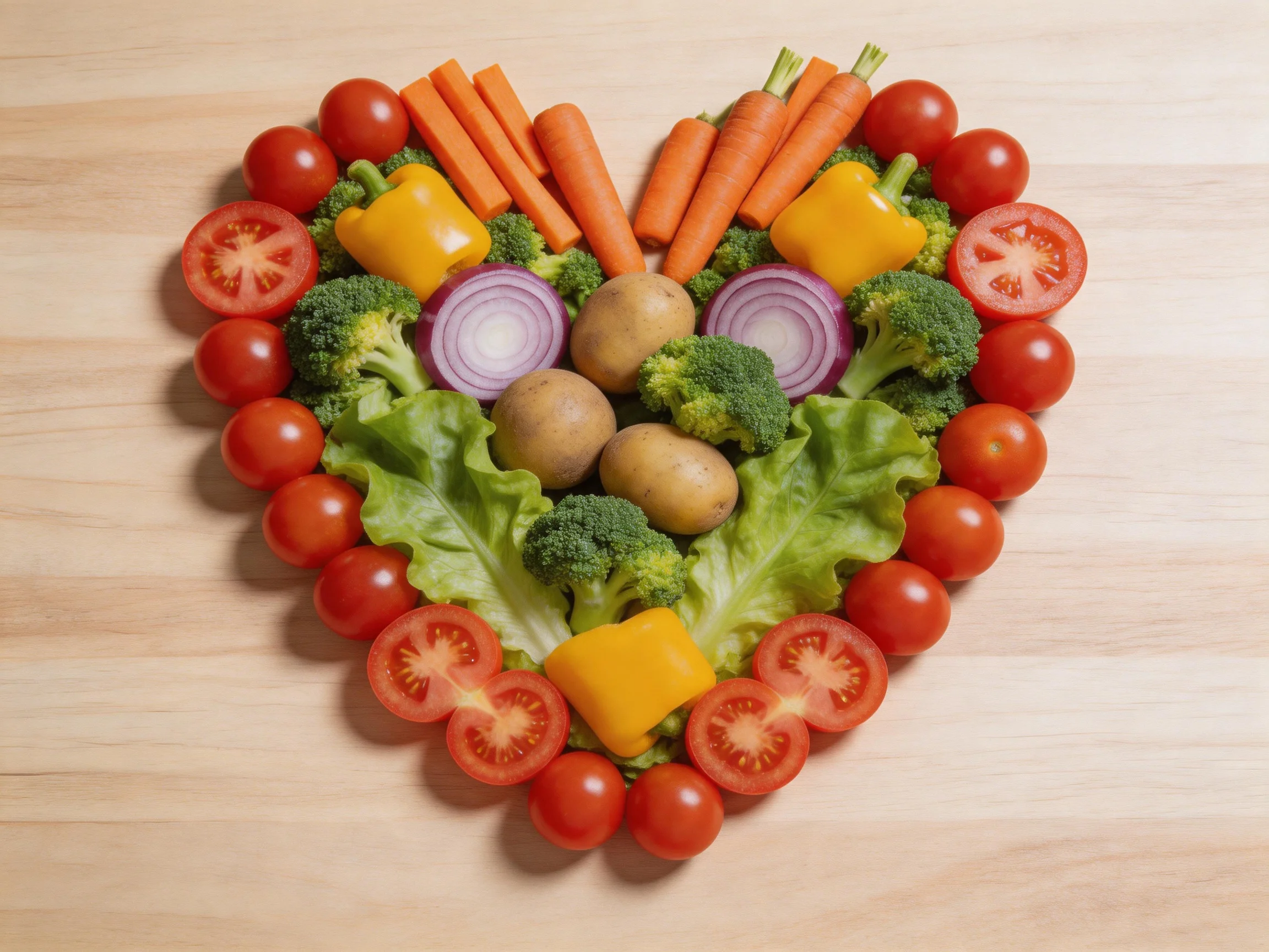 Heart - shaped vegetable arrangement with tomatoes, carrots, and leafy greens