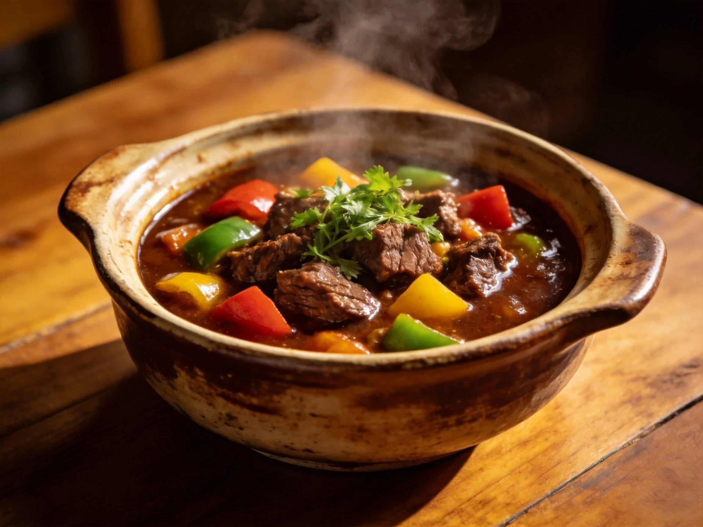 Hearty Beef Stew with Multicolored Peppers in Rustic Ceramic Bowl