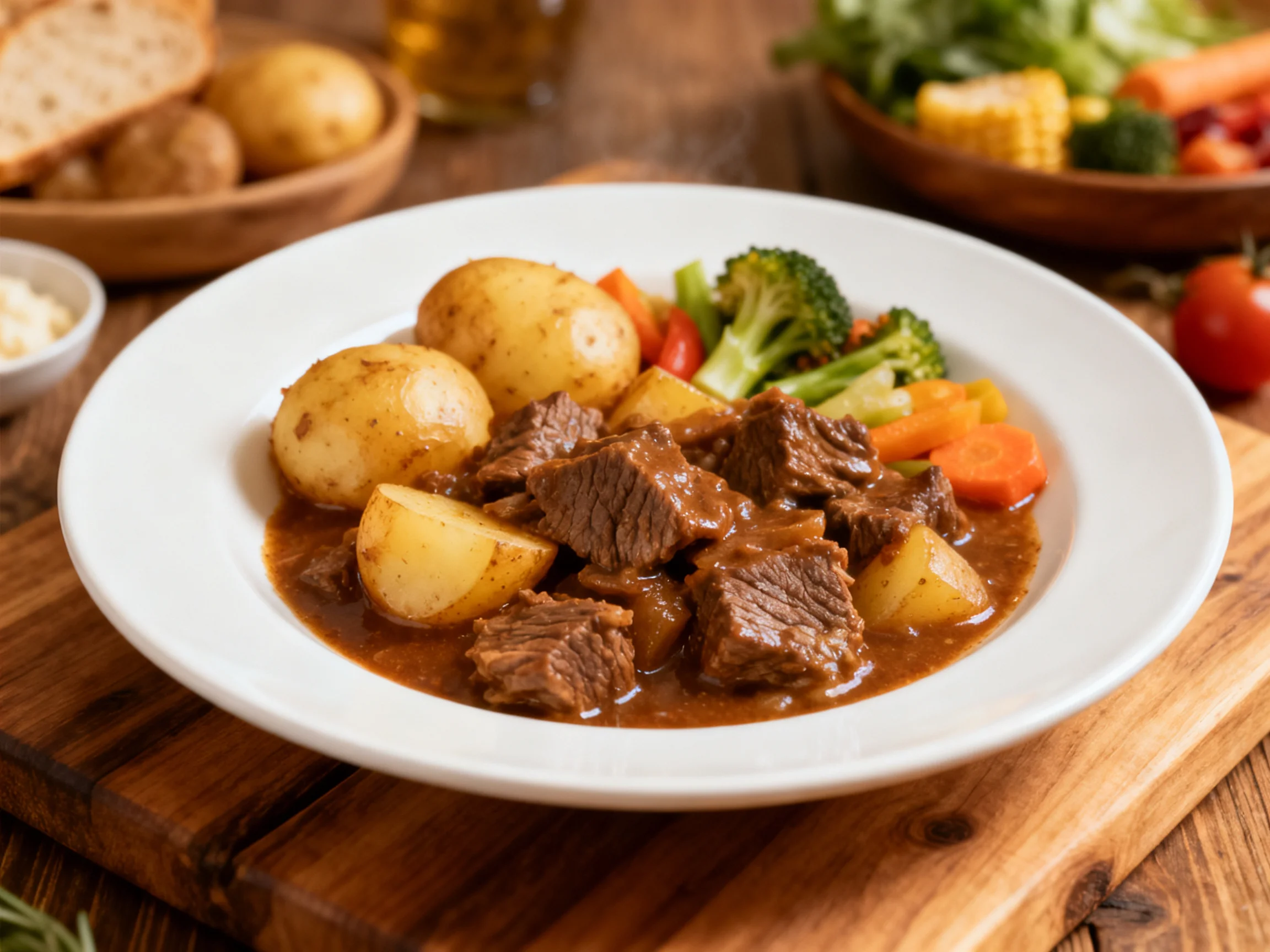 Hearty Beef Stew with Potatoes, Broccoli, and Carrots Served on White Plate