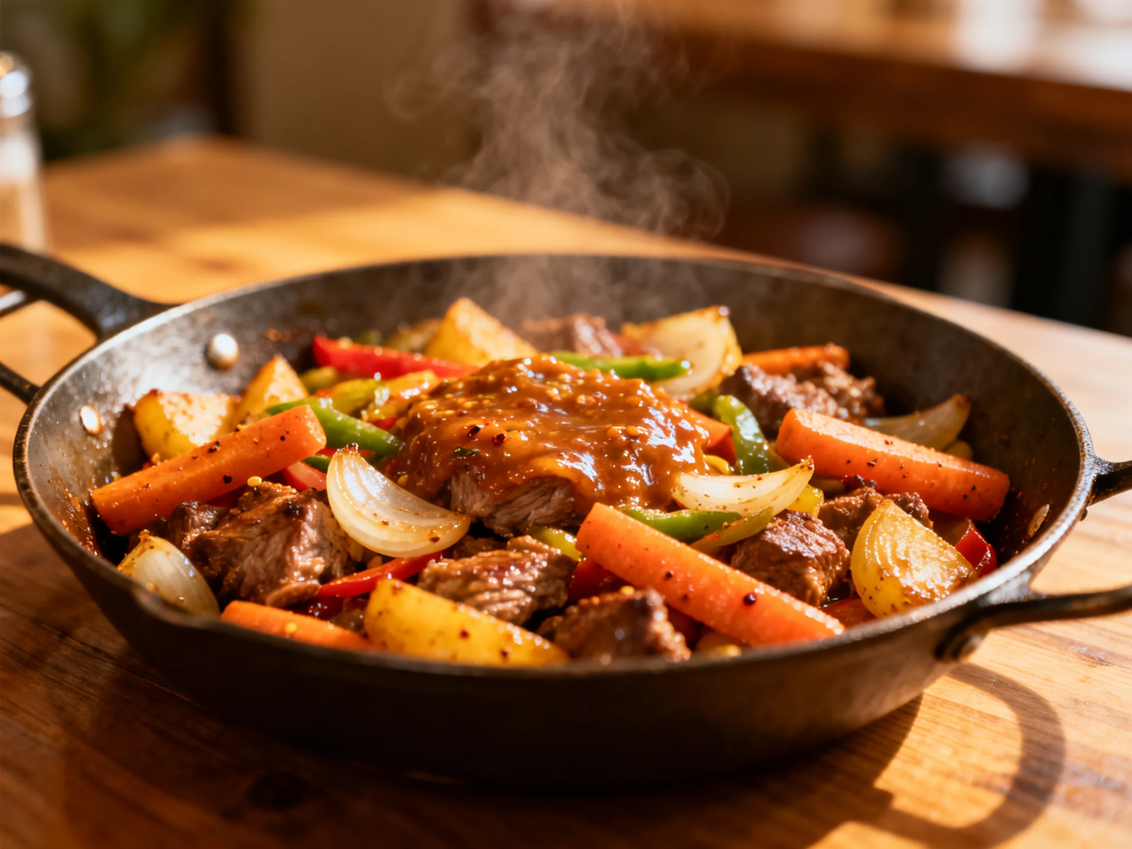 Hearty Beef Stir-Fry with Vegetables in Cast Iron Skillet