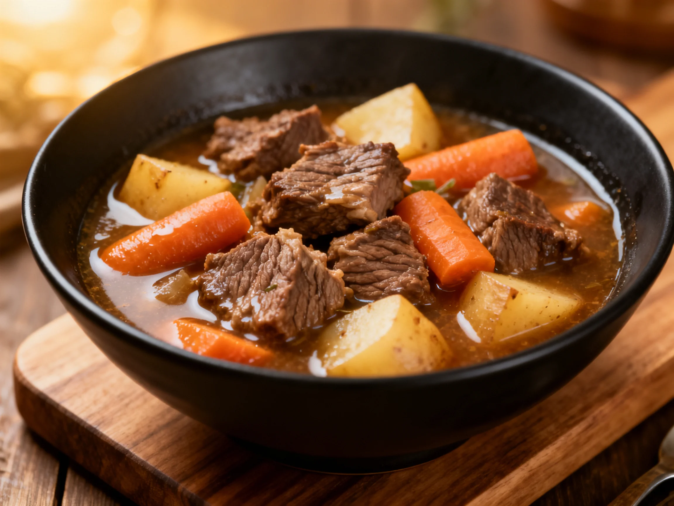 Hearty beef stew with carrots and potatoes in a black bowl