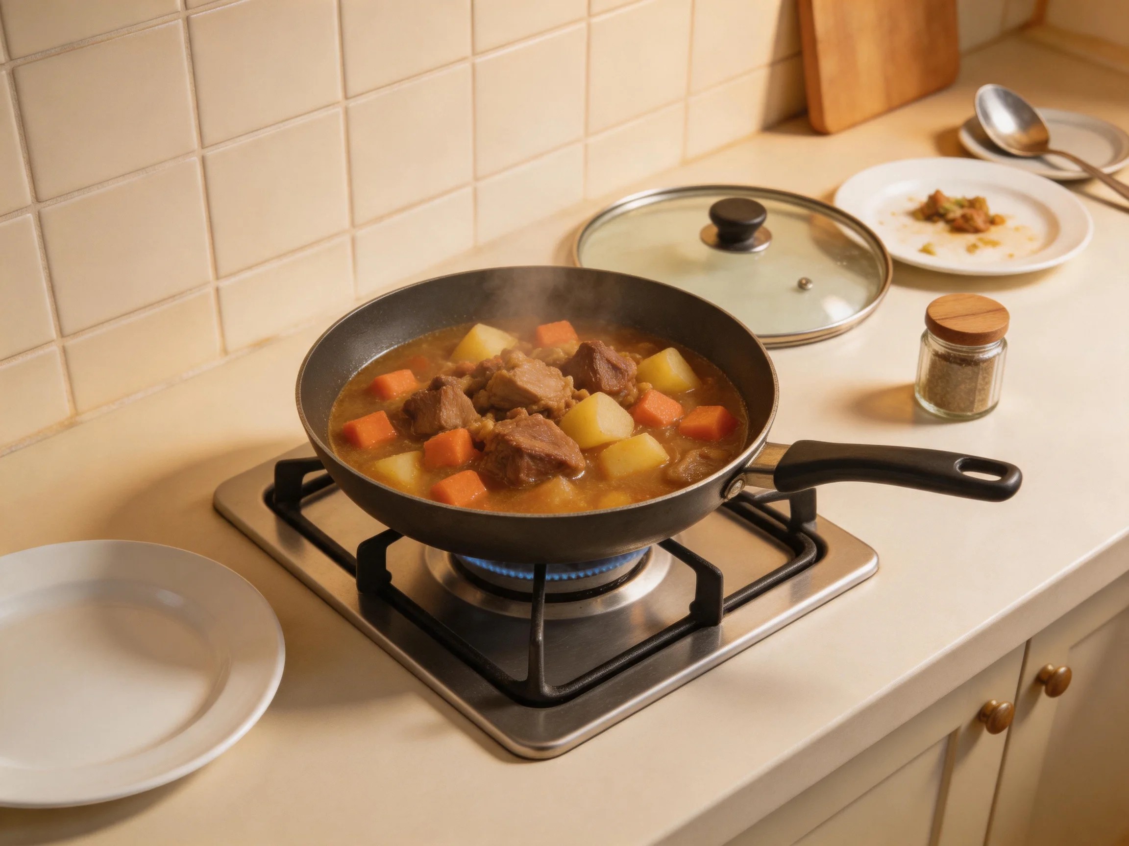 Hearty beef stew with potatoes and carrots cooks in a black pan on a gas stove