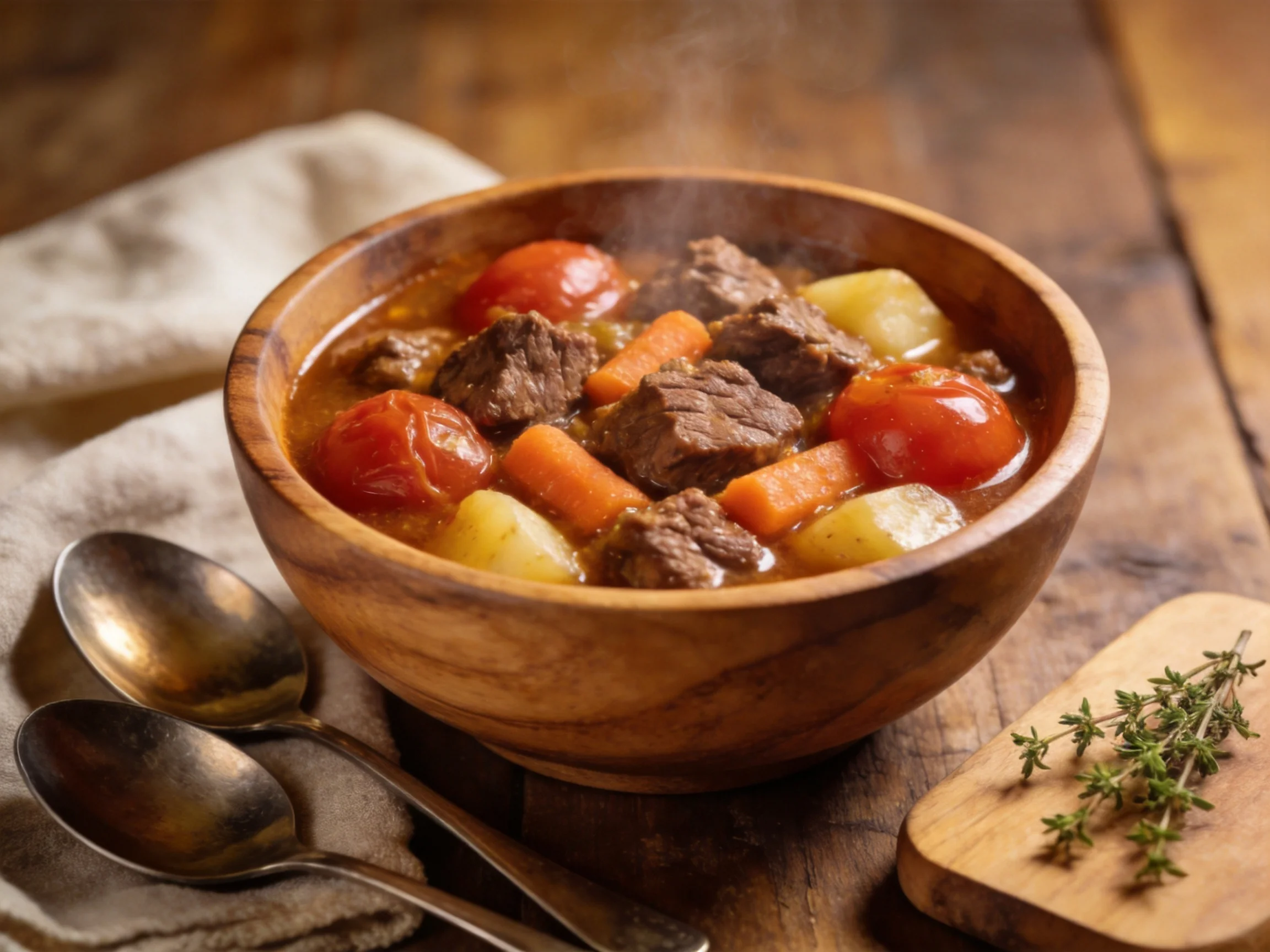 Hearty beef stew with vegetables in a wooden bowl