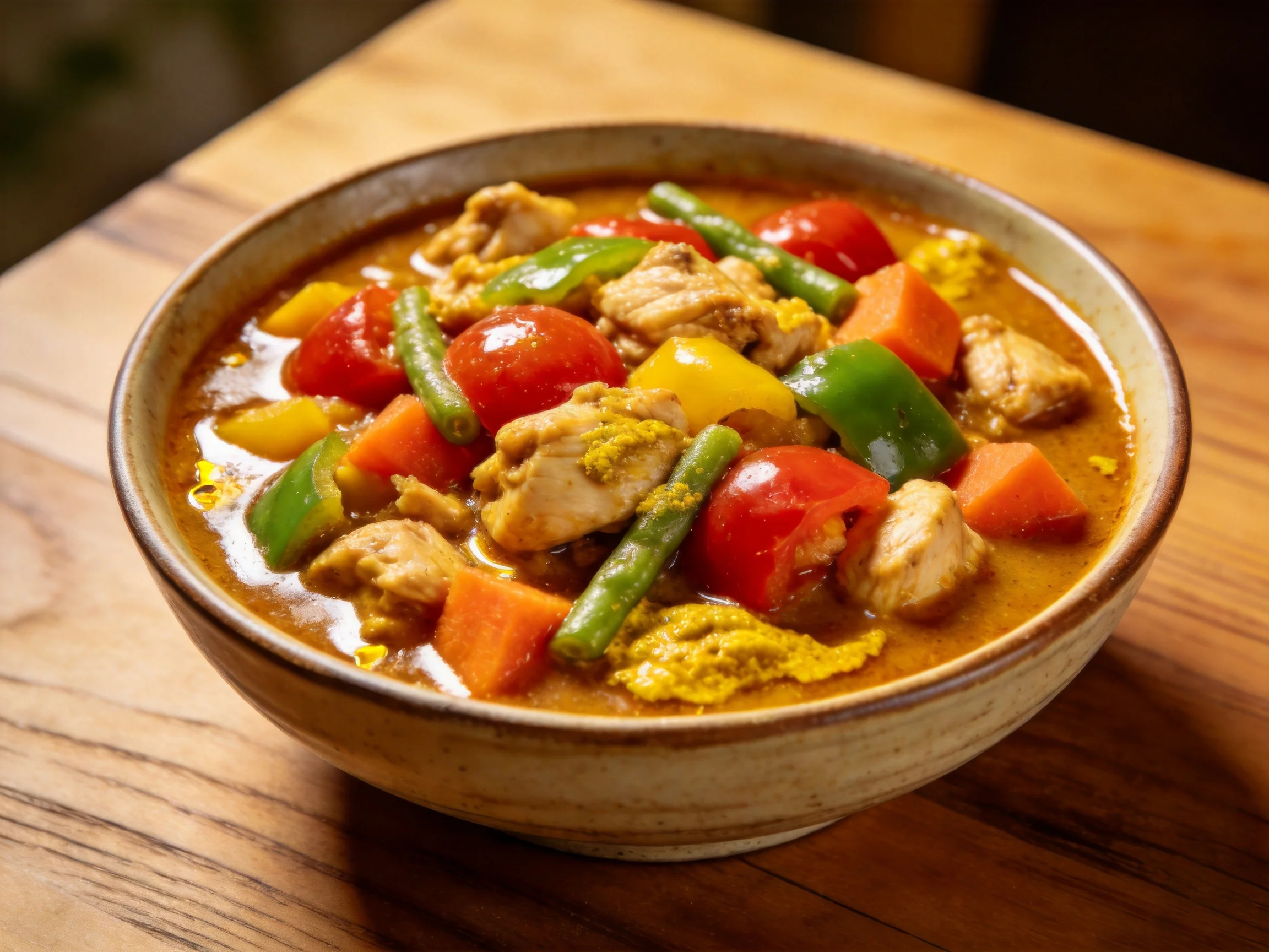 Hearty chicken vegetable curry served in an earth-toned ceramic bowl