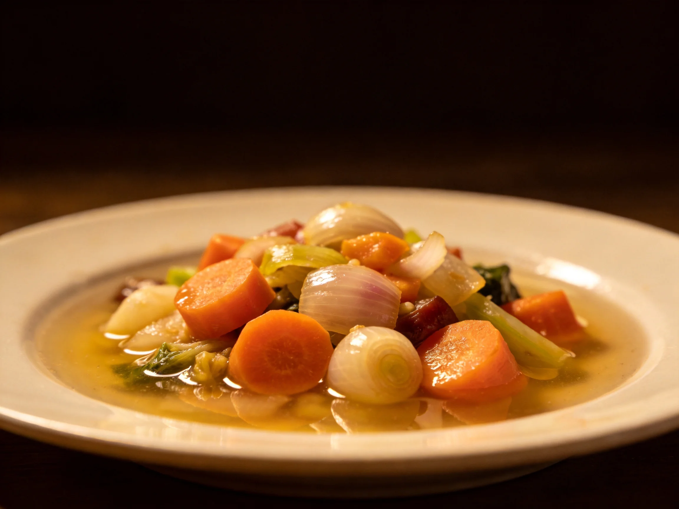 Hearty vegetable medley with carrots, onions, celery in golden broth