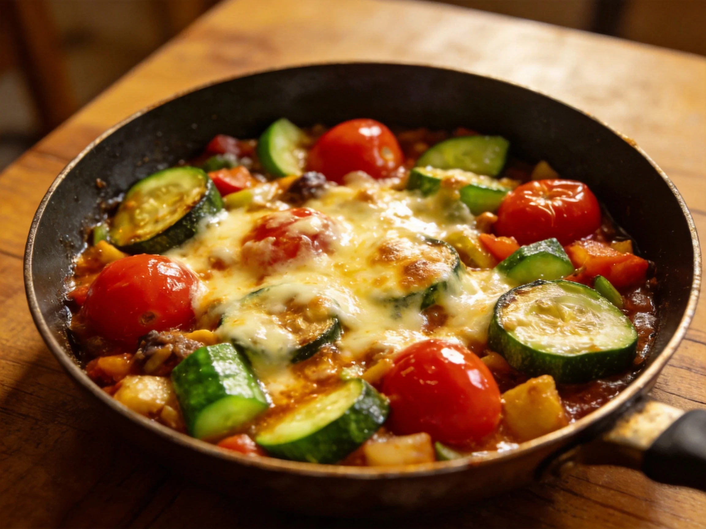 Hearty vegetable skillet with melted cheese and fresh tomatoes