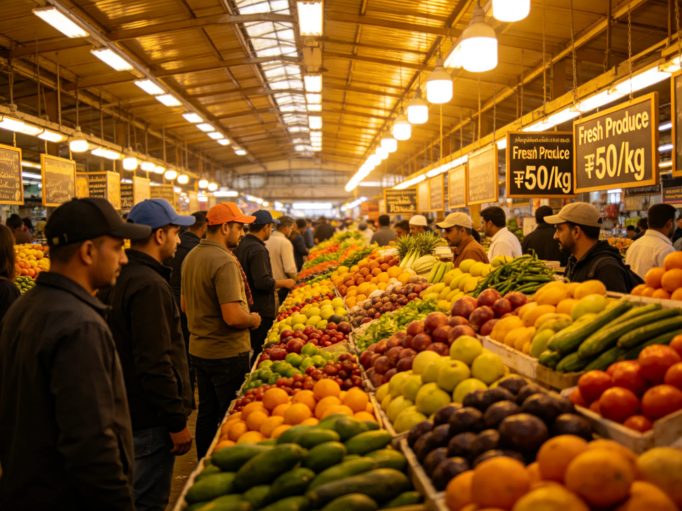 Indoor Market Scene with Colorful Fresh Produce Displays