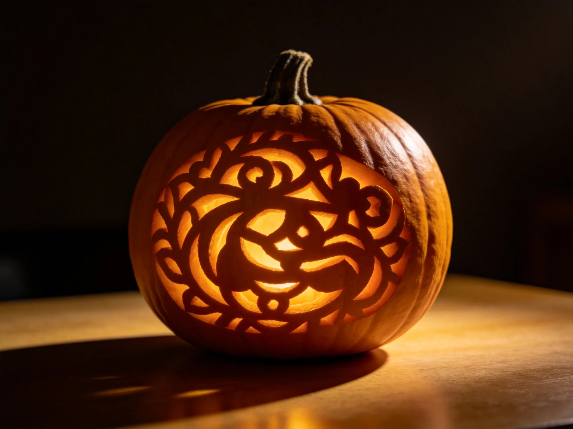 Intricately carved orange pumpkin glowing with warm light