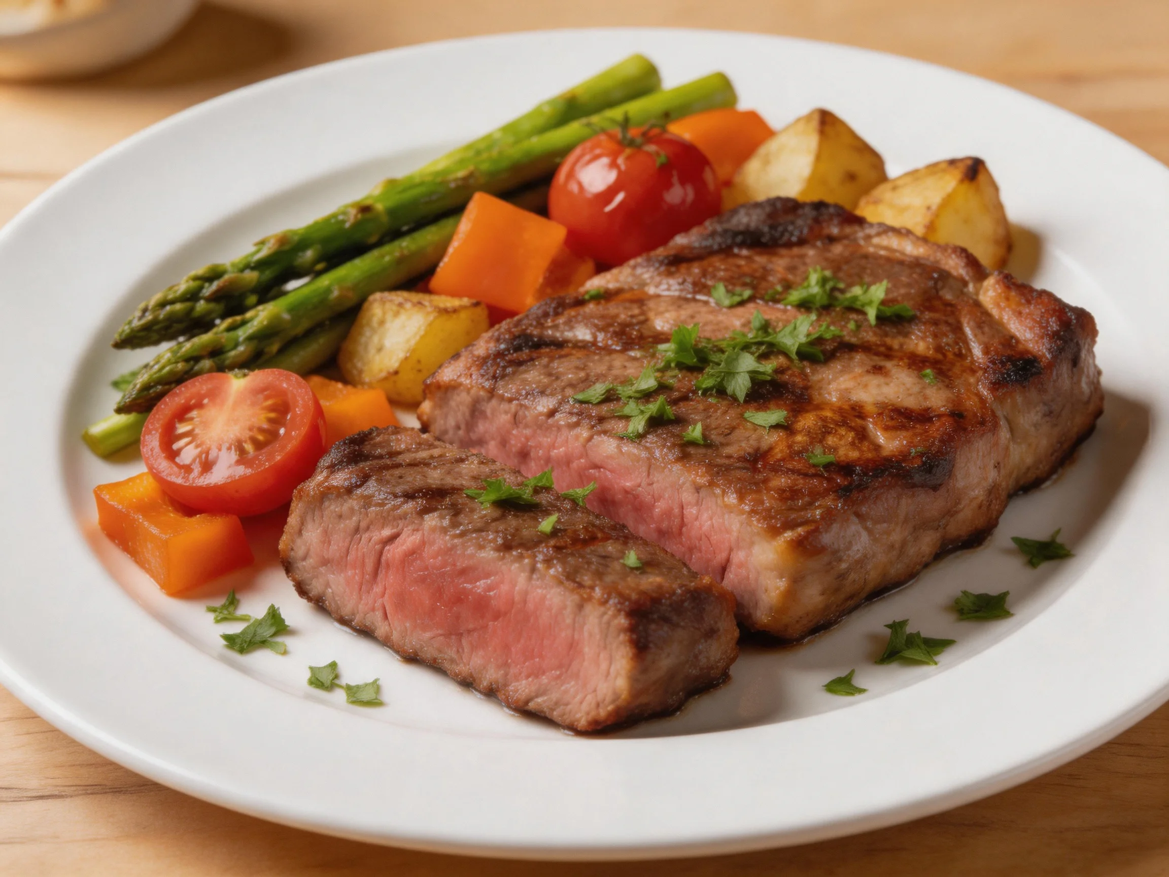 Juicy grilled steak with assorted roasted vegetables