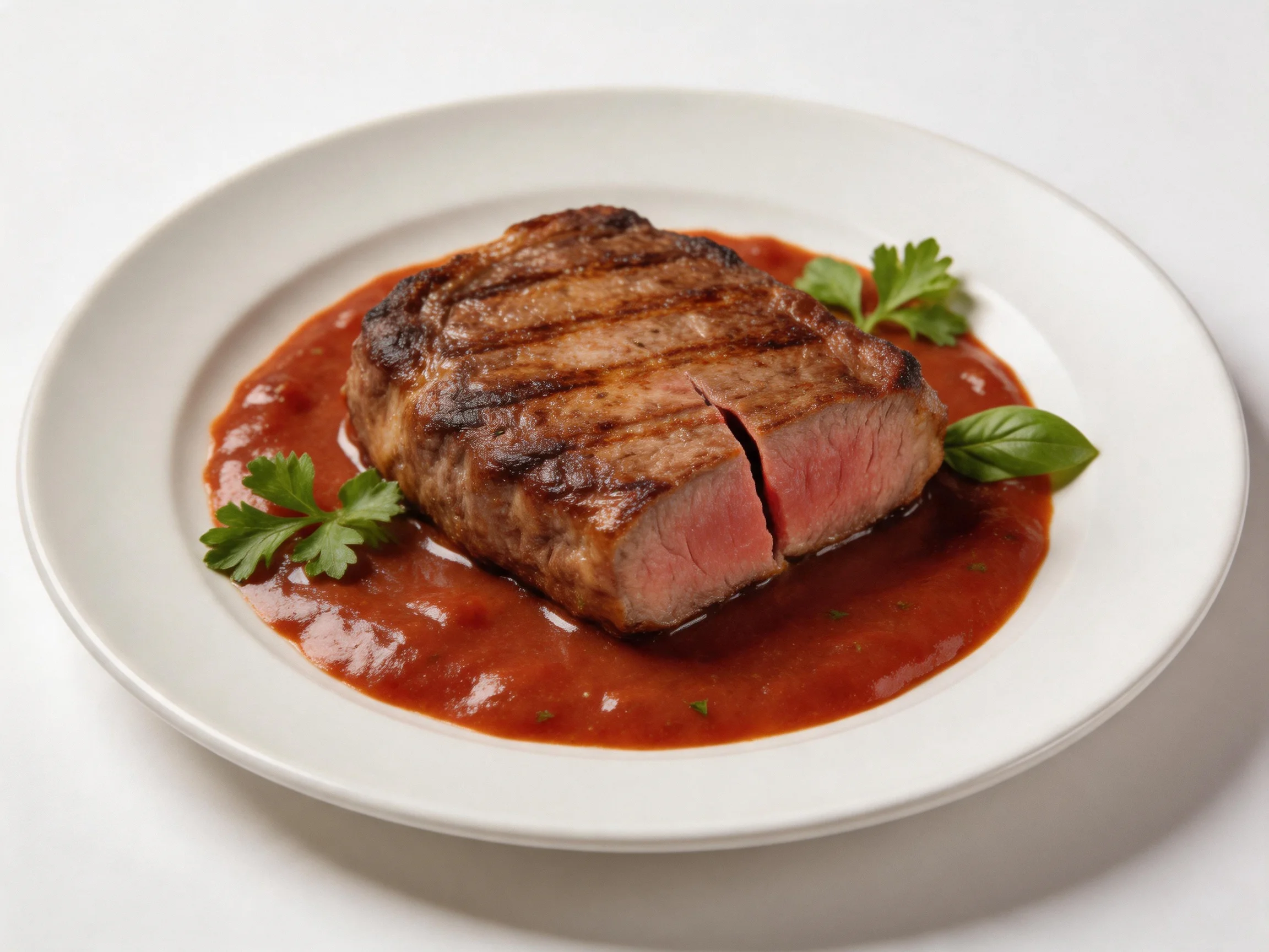 Juicy grilled steak with red sauce and fresh herbs on white plate