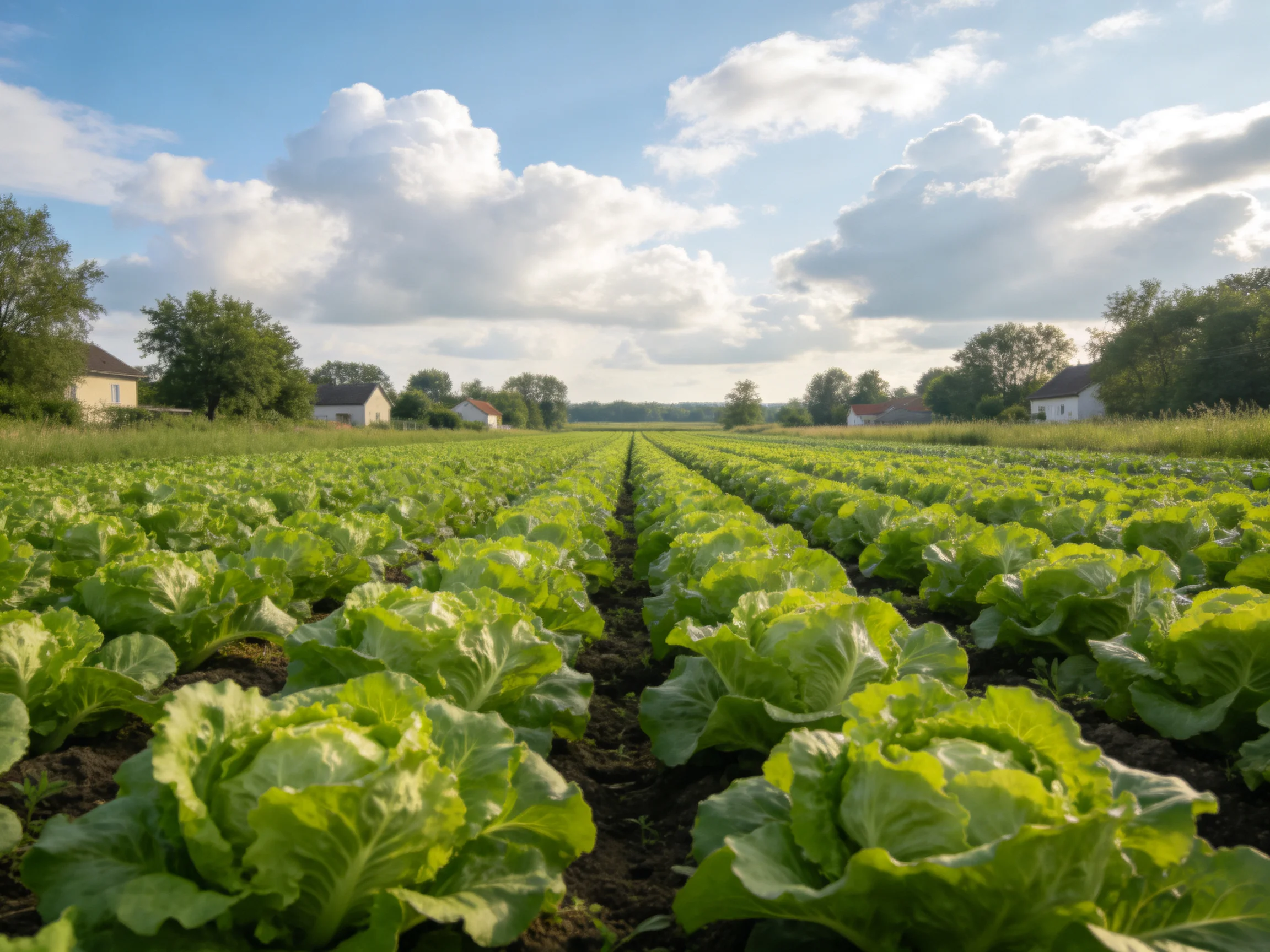 Large agricultural field with neatly arranged green leafy crops under partly cloudy sky